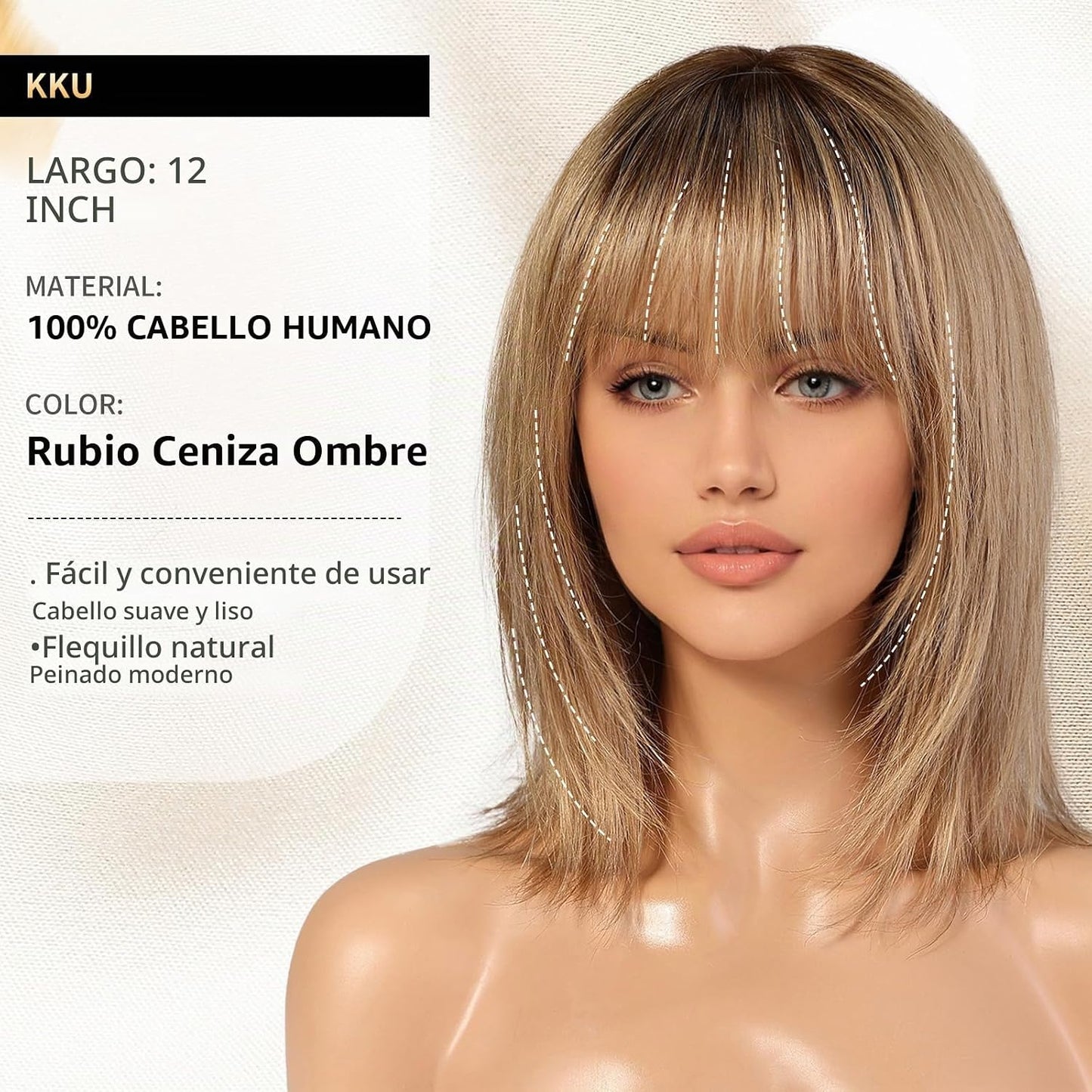 KKU Pelucas de cabello humano rubio ceniza degradado de 12 pulgadas...