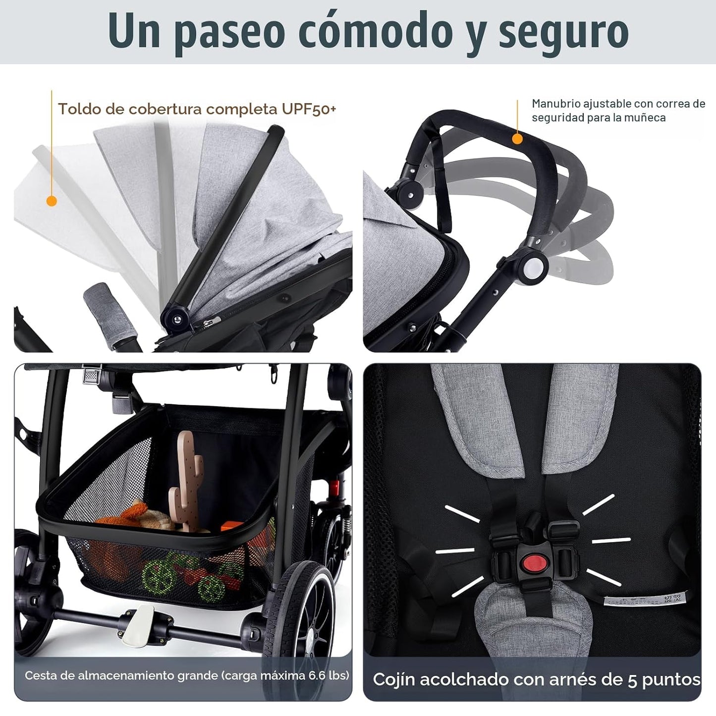 Cochecito de bebé, asiento reversible 2 en 1 para niños pequeños co...