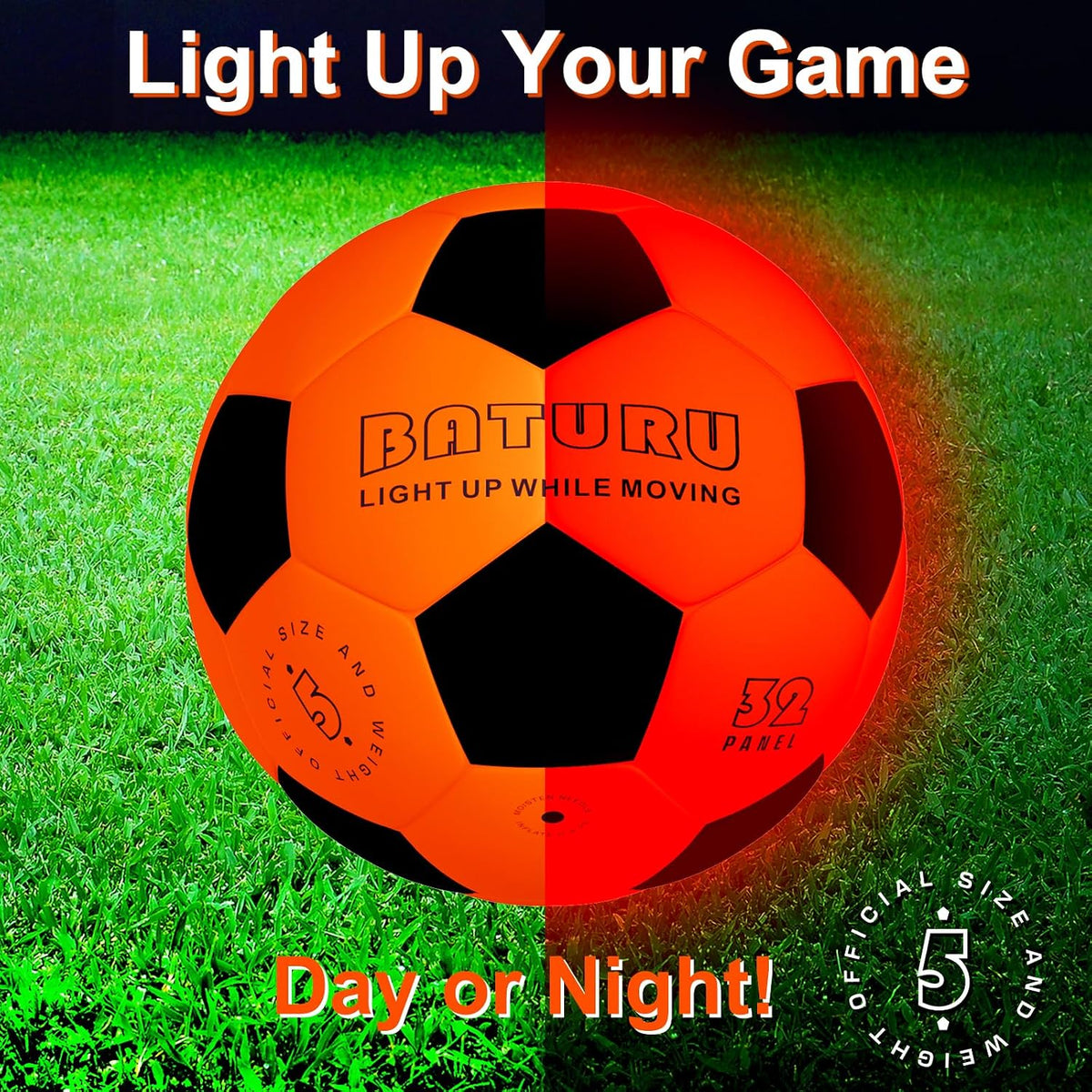 BATURU Balón de fútbol que brilla en la oscuridad con 2 luces LED,...