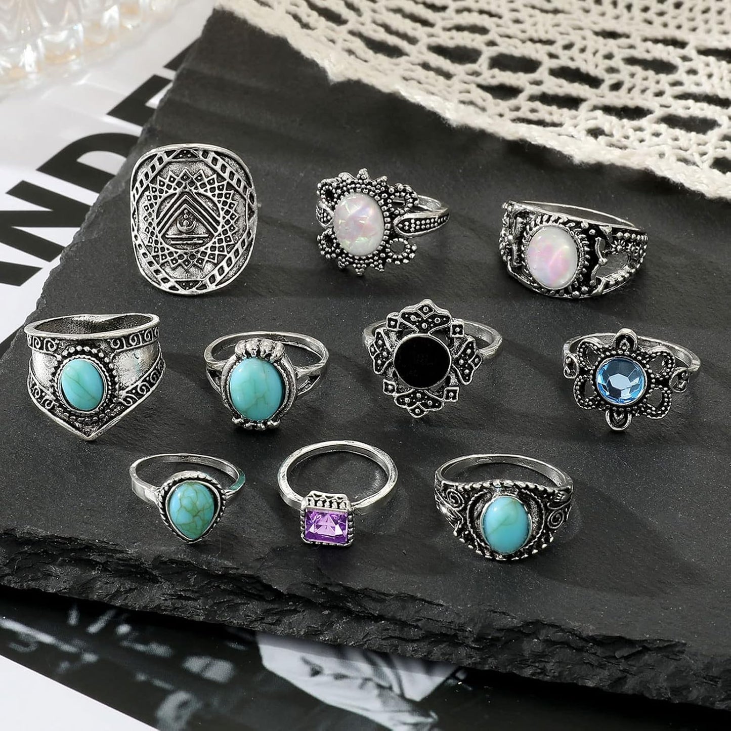 17IF Juego de anillos de nudillos plateados vintage para mujeres y...