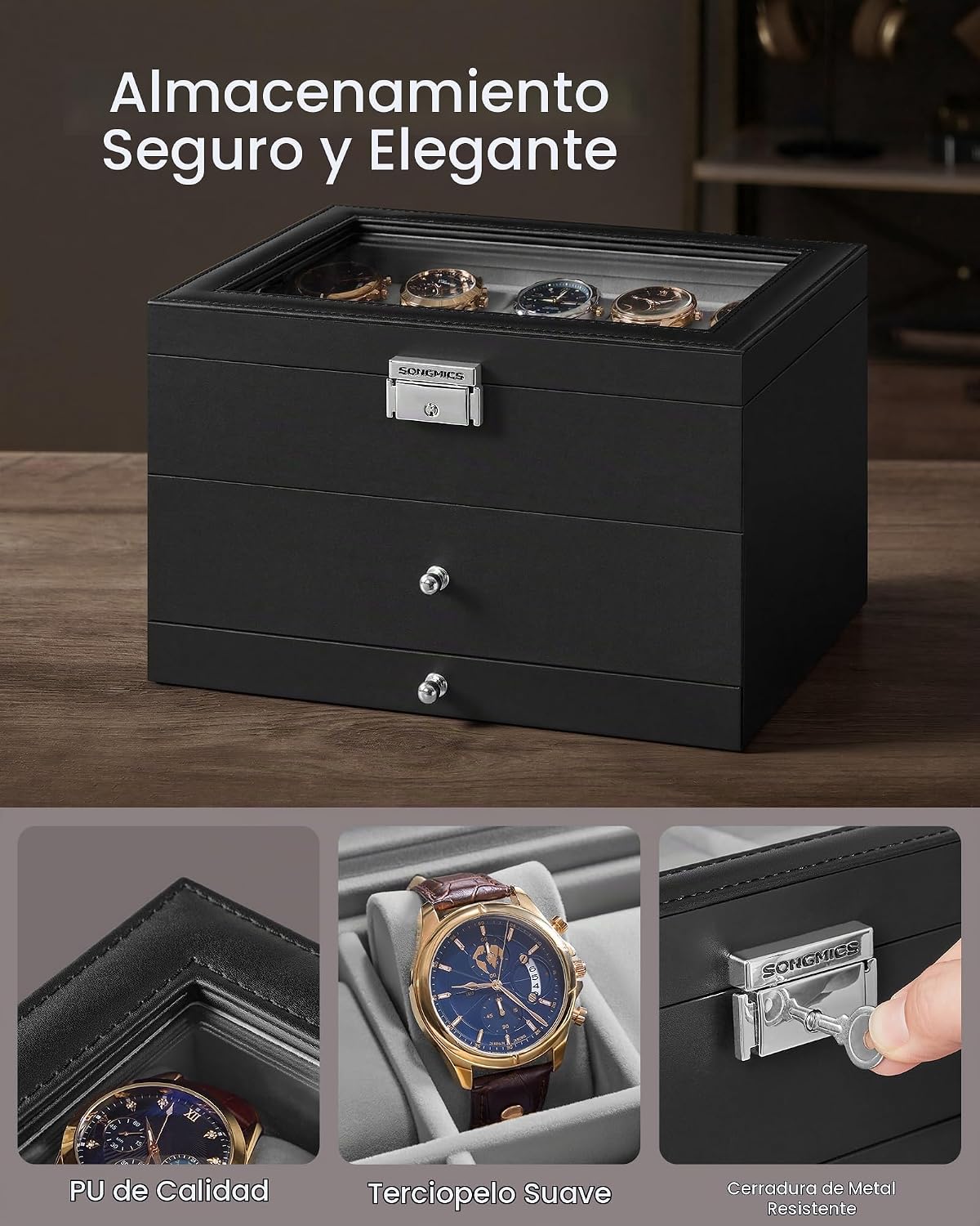 SONGMICS Caja de reloj, organizador de 20 ranuras para reloj con ta...
