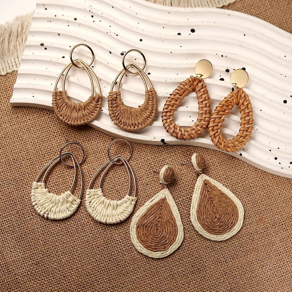 Juego de 4 pares de aretes colgantes redondos bohemios hechos a man...