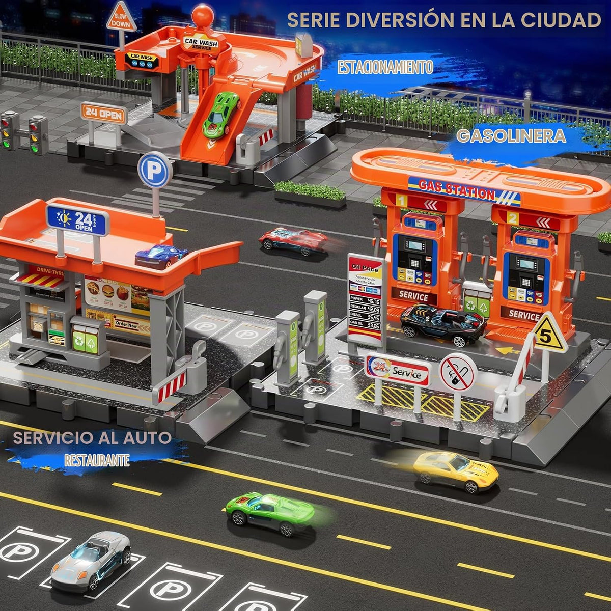 KIZONLY Juegos de coches de juguete, gasstation con mangueras móvil...