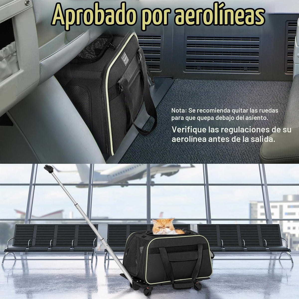 Transportín Petsfit para gatos con ruedas, aprobado por aerolíneas,...