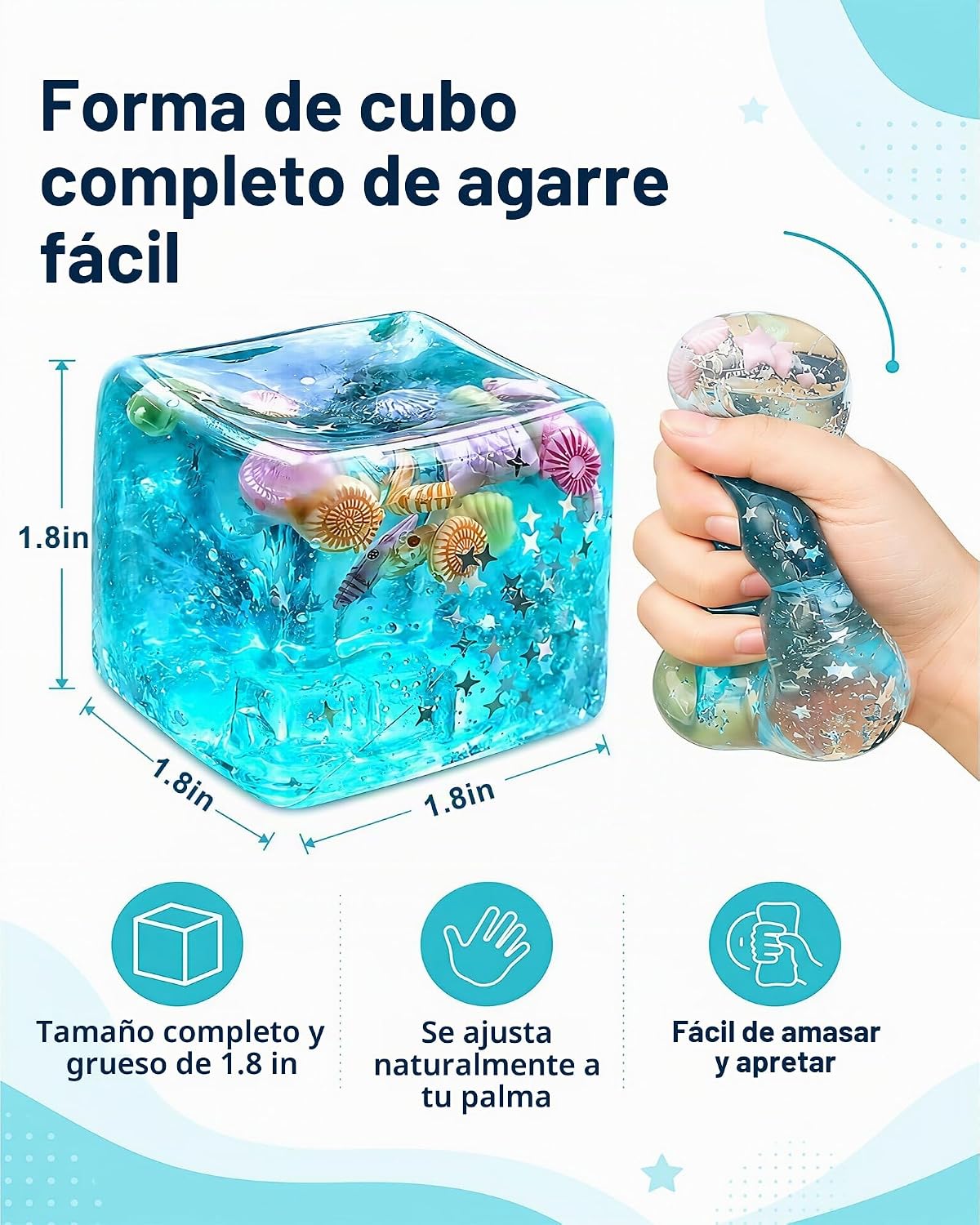 2 bolas antiestrés de cubo azul, juguetes blandos con conchas de oc...