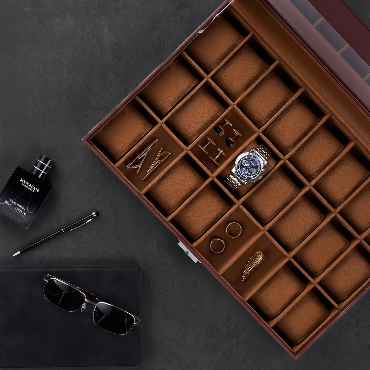 ProCase Caja de reloj para hombre, vitrina de 24 ranuras con tapa d...