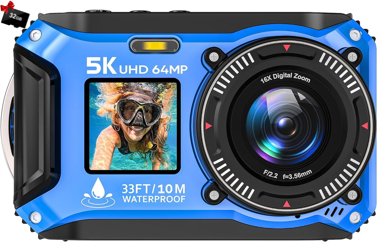 Cámara subacuática 5K, cámara impermeable de 33 pies, pantalla dual...