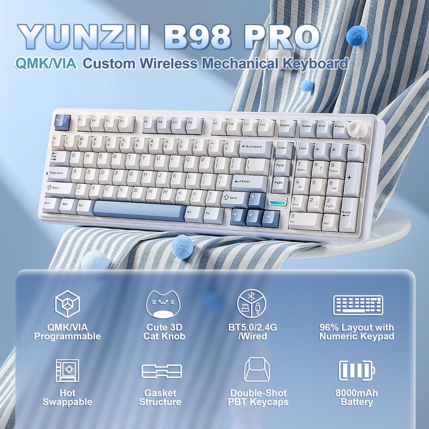 YUNZII Teclado mecánico inalámbrico B98 PRO (azul, interruptor de l...