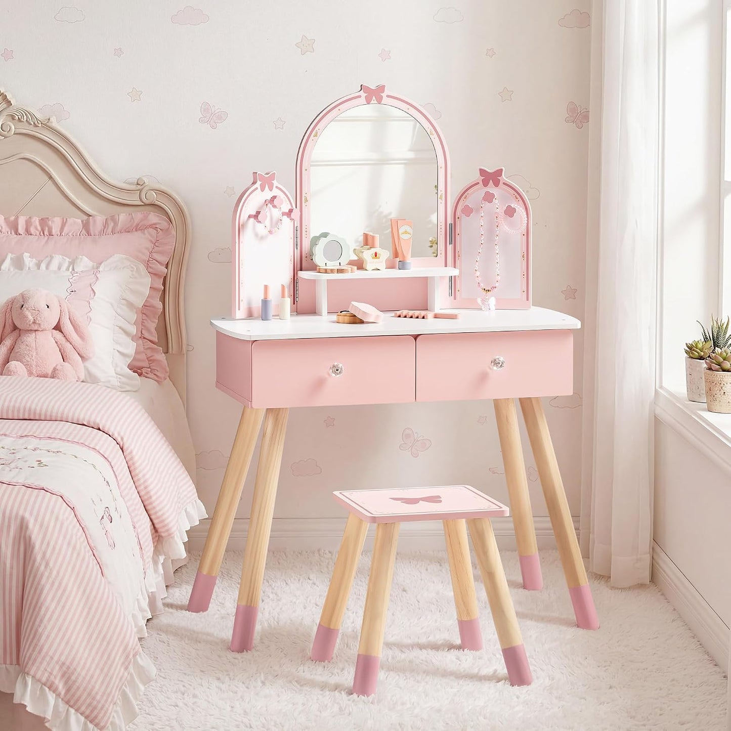 ROBUD Juego de mesa y silla para niños, juego de tocador para niñas...