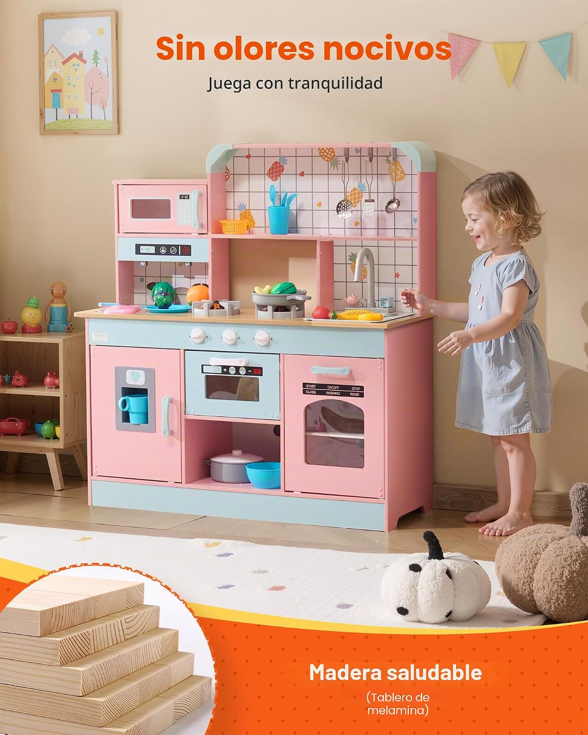 VEVOR Cocina de Juguete de Madera, Cocina de Juego para Niños con L...