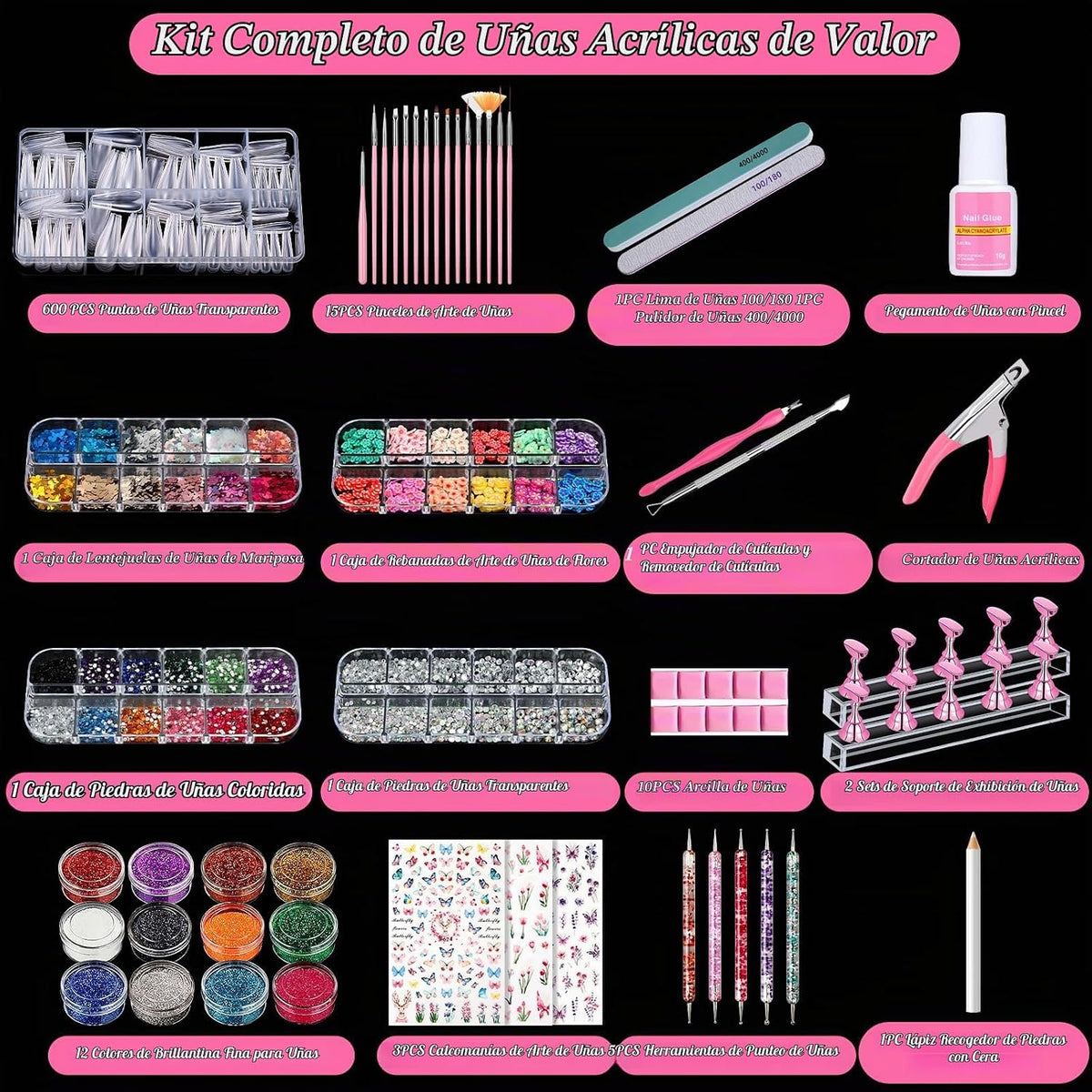 Kit de uñas postizas acrílicas, kit de uñas postizas a presión con...