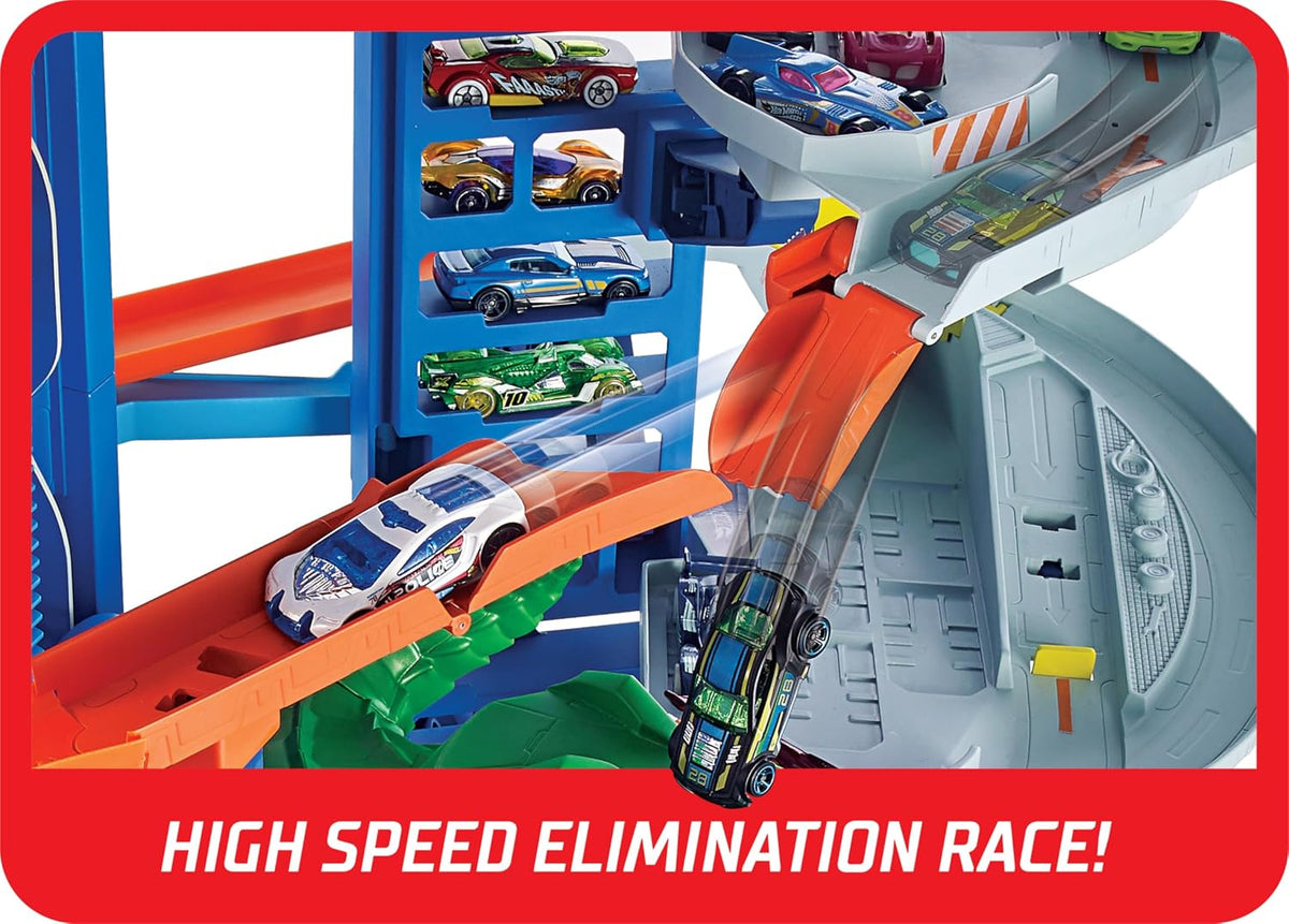Hot Wheels Ultimate Garage Track Playset y 2 autos de juguete a esc...