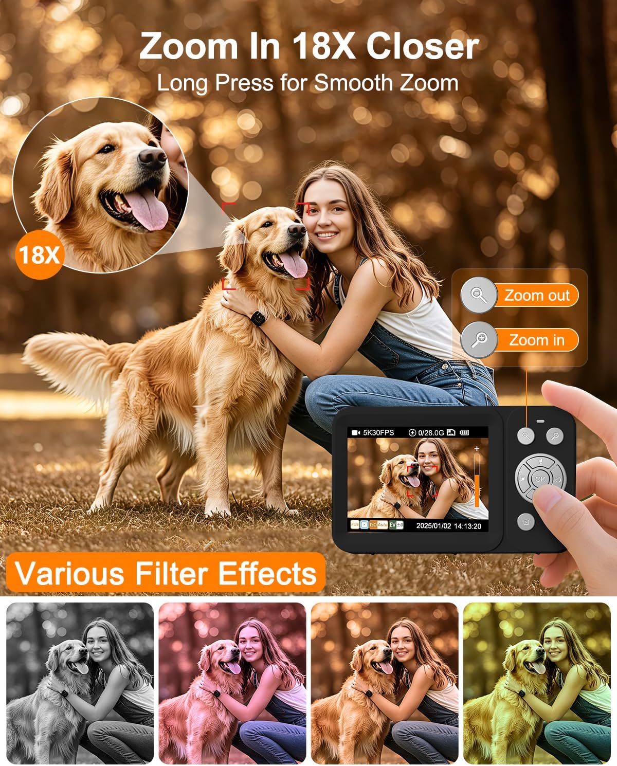 Hoorola Cámara digital, pantalla dual 5K 80MP, enfoque automático p...