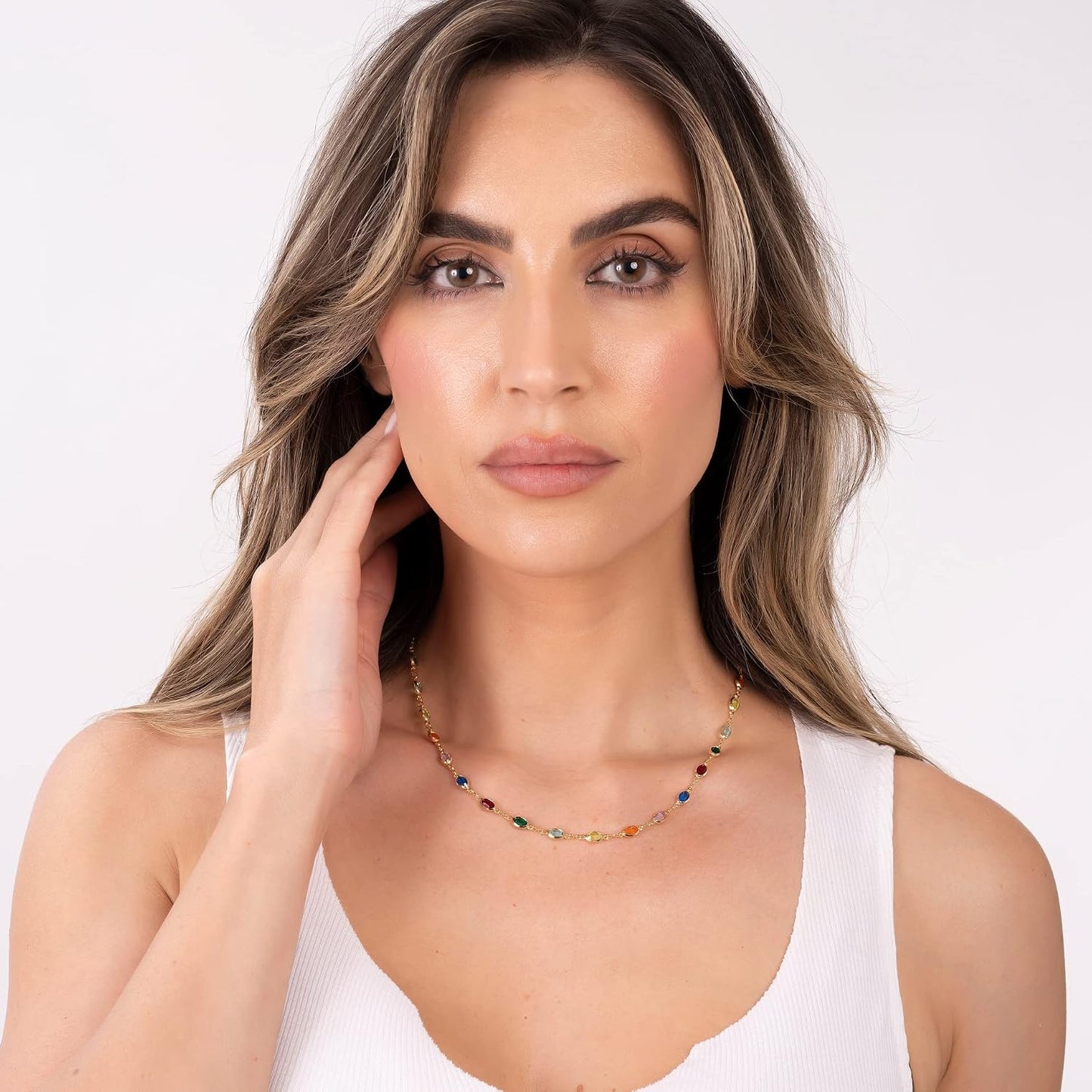 Barzel Collar ovalado de cristal de piedra multicolor chapado en or...