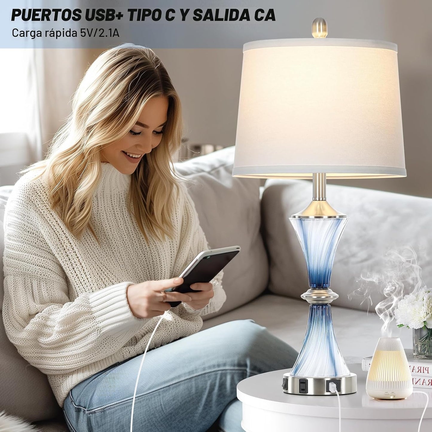 Rinweey - Lámpara de mesa de vidrio azul con puertos USB C+A y sali...