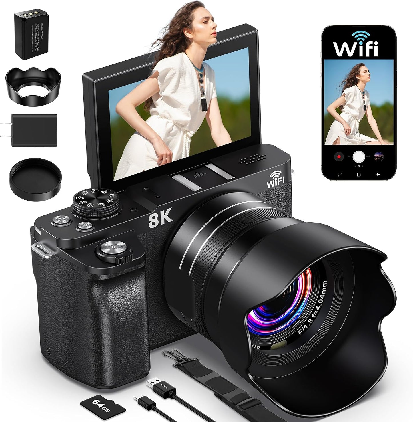 Cámara digital 8K, cámaras WiFi de 88MP para fotografía, 3" pan...