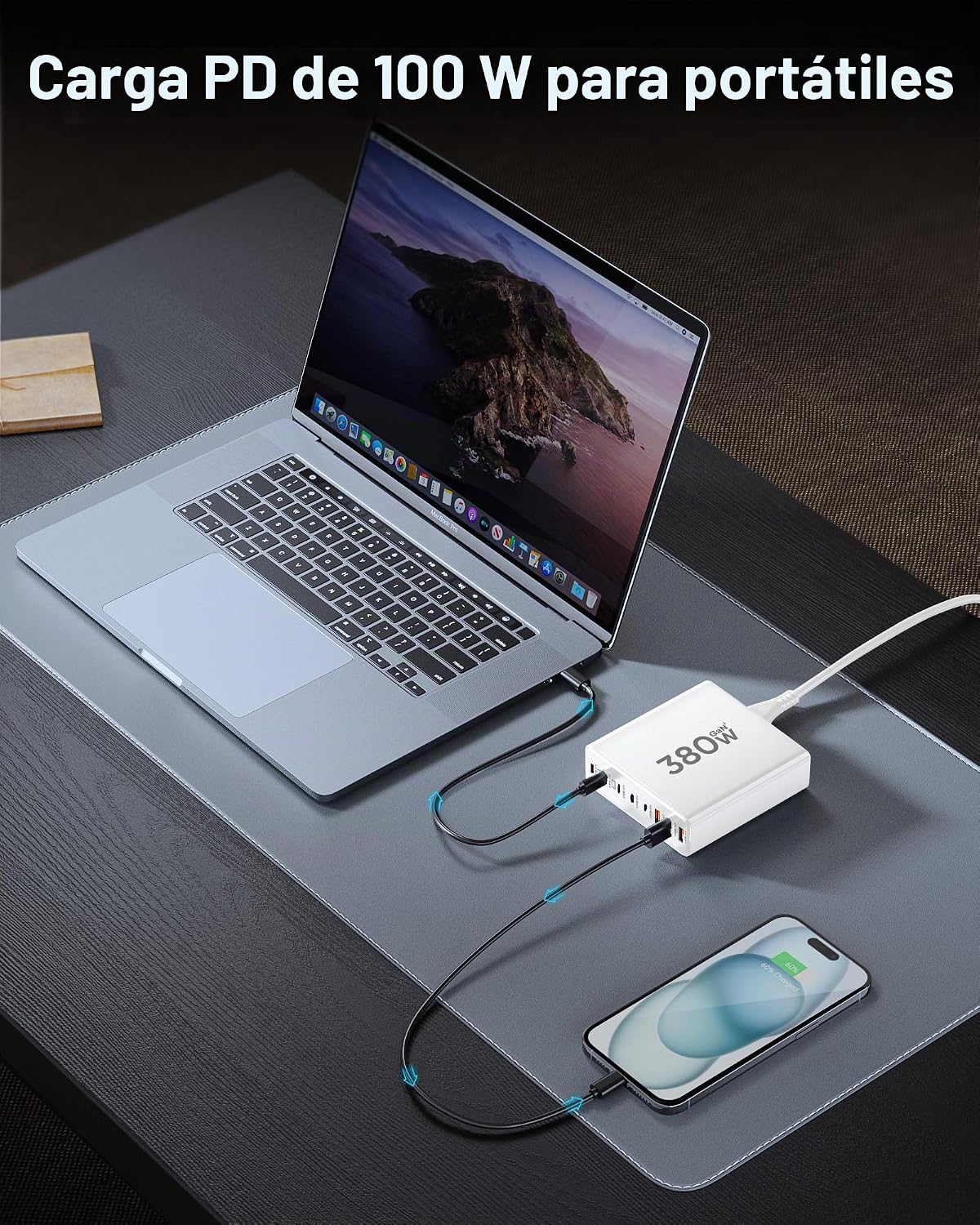 Bloque de cargador USB C de 380 W con 4 cables USB Estación de carg...