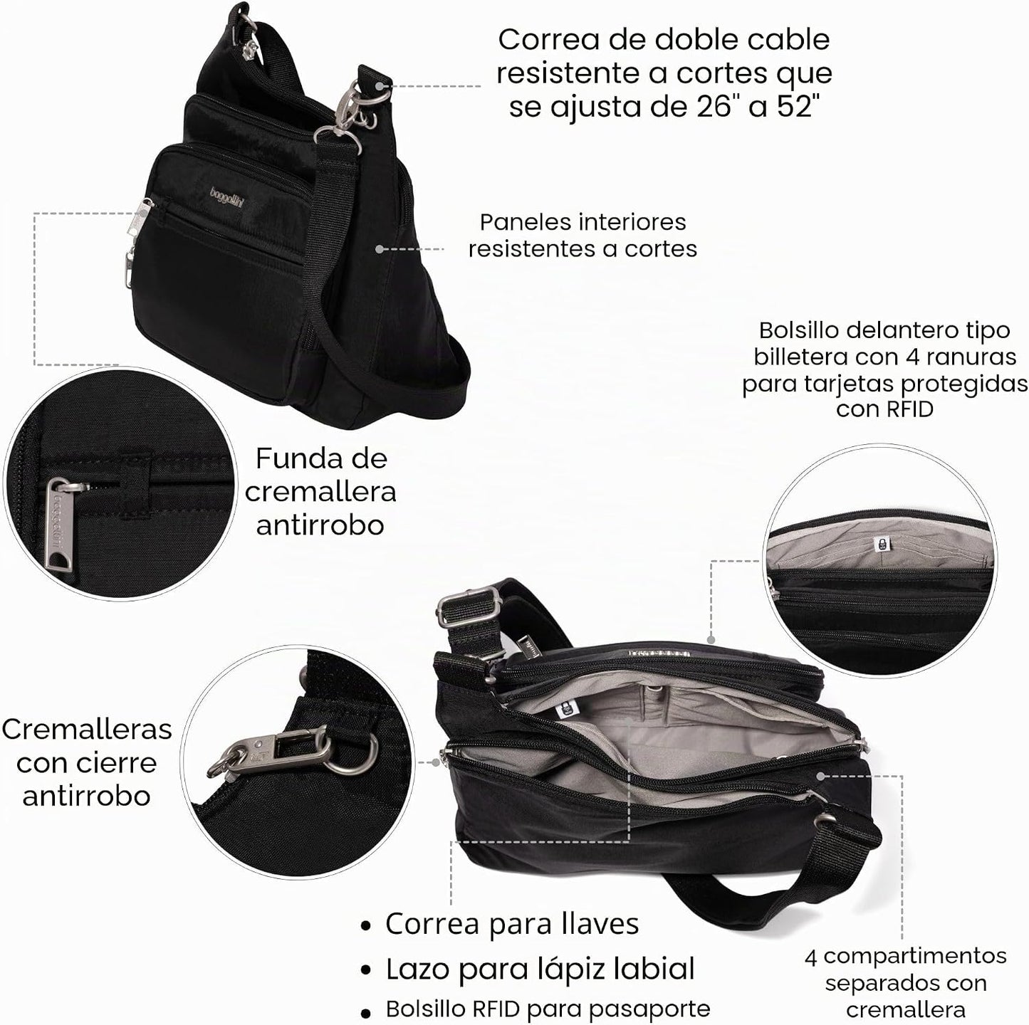 Baggallini Securtex Bandolera cruzada antirrobo 11\u201Dw X 8.5\u20...