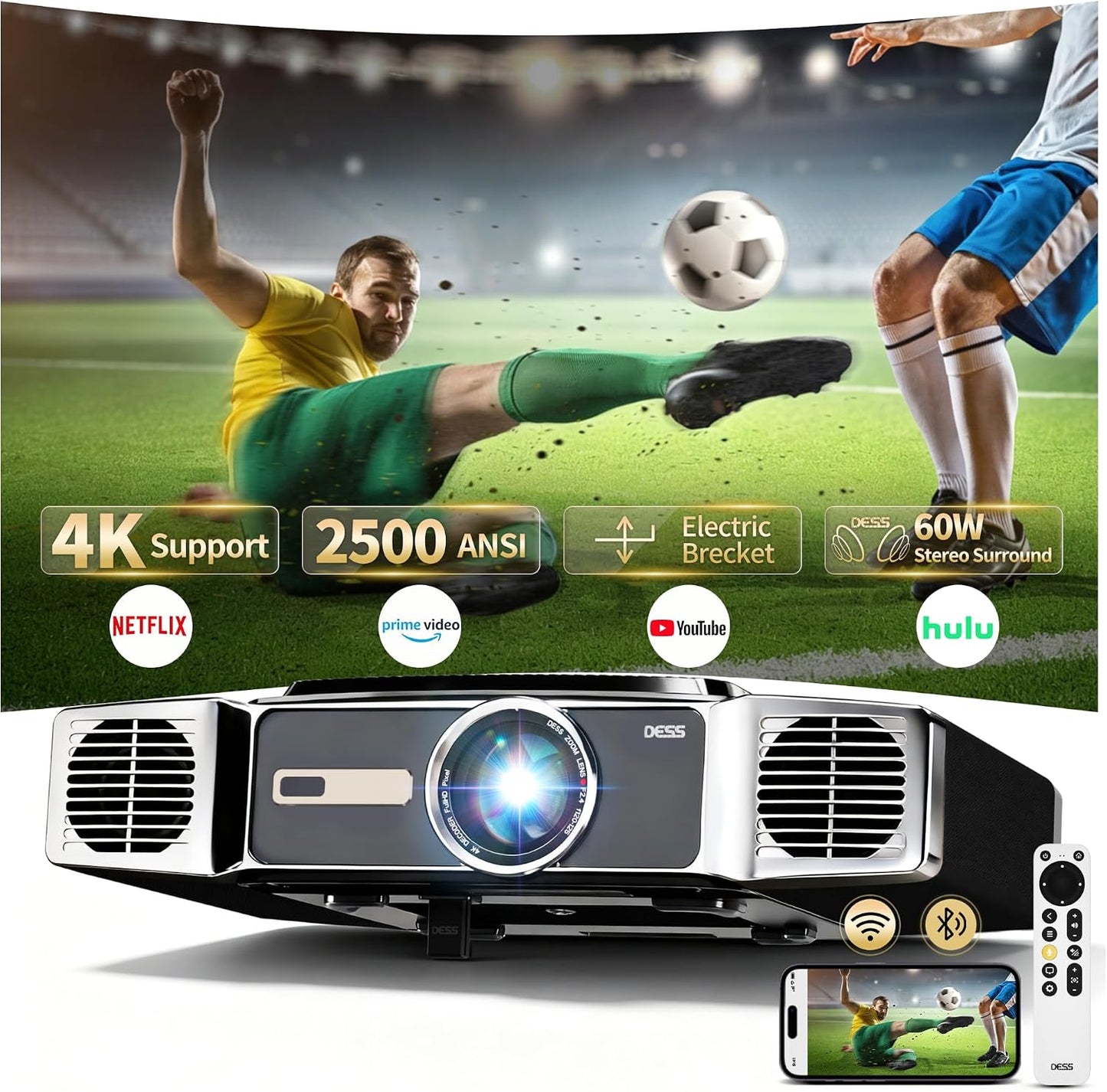 DESS Proyector de video de cine en casa inteligente 4K con WiFi, Bl...