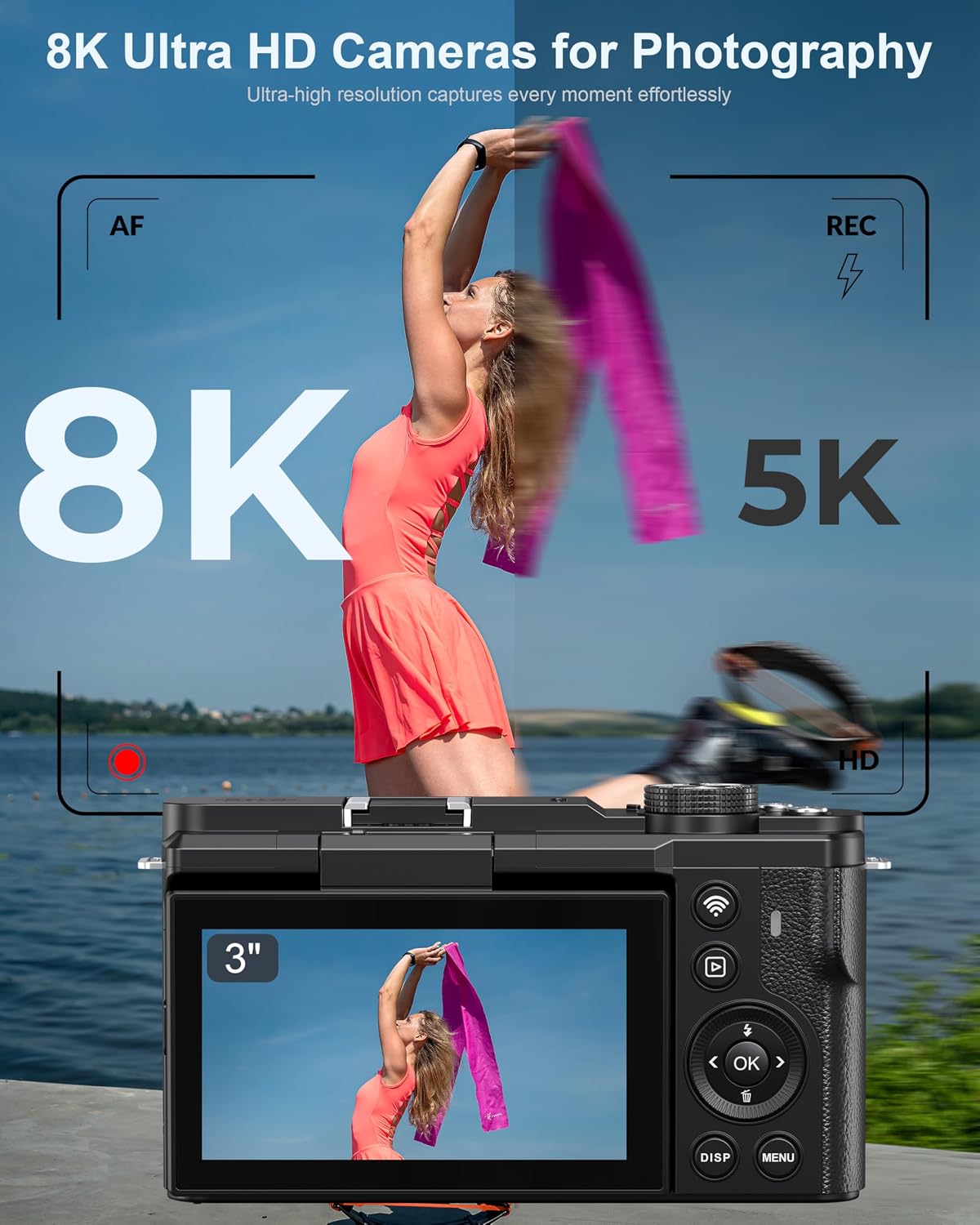 Cámara digital 8K, cámaras WiFi de 88MP para fotografía, 3" pan...