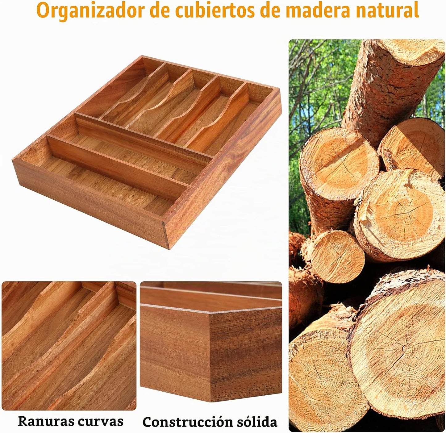 Bellsal Organizador de cubiertos de bambú, bandeja de cubiertos de...