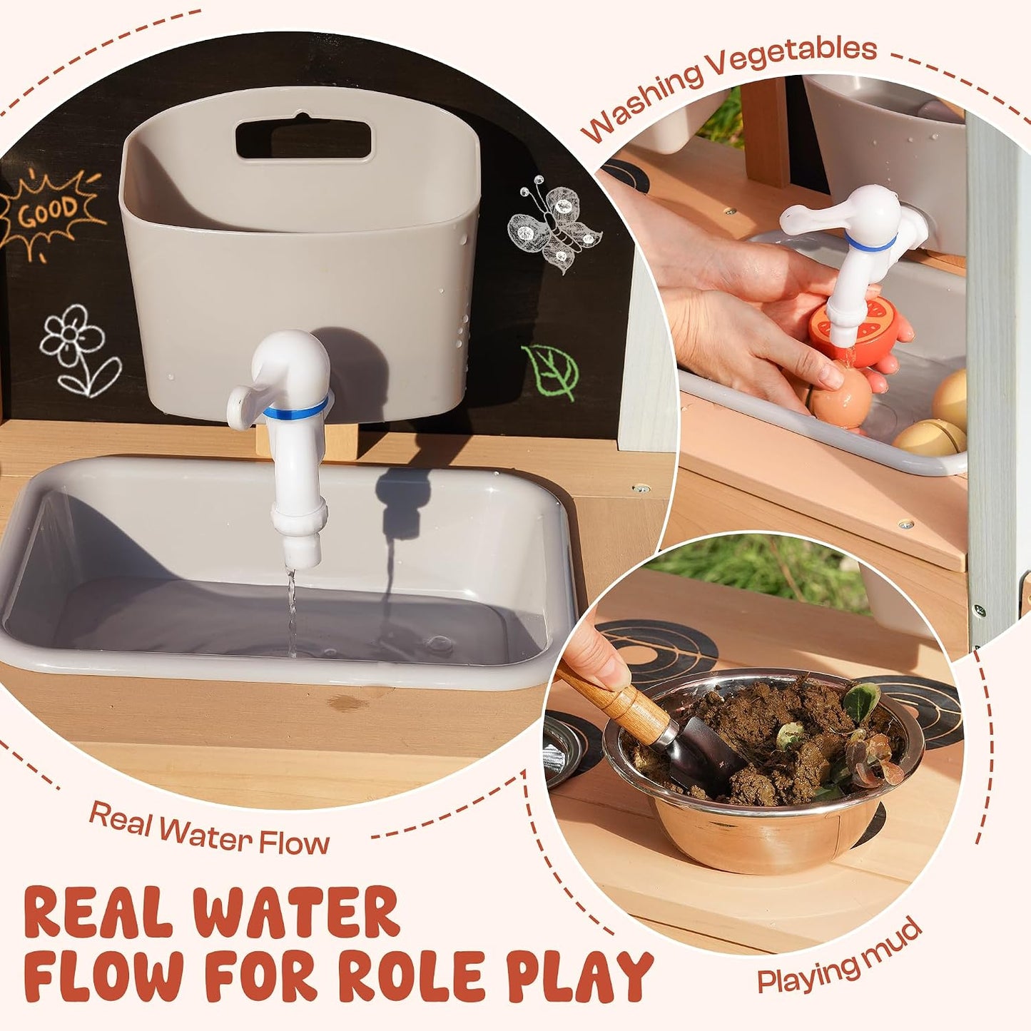 ROBUD Cocina de barro para niños, juego de madera al aire libre con...