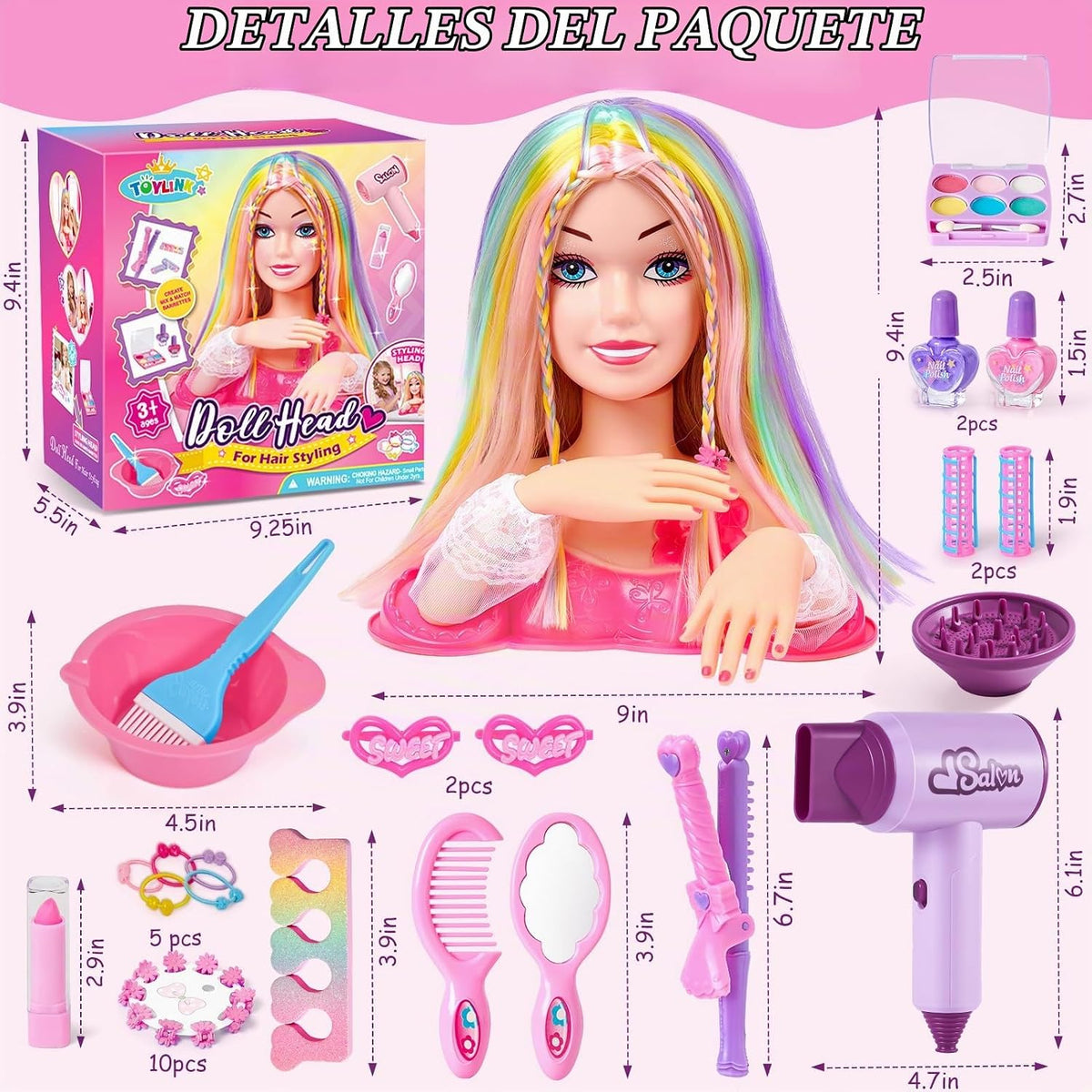 Toylink Cabeza de muñeca para peinar el cabello, kit de maquillaje...