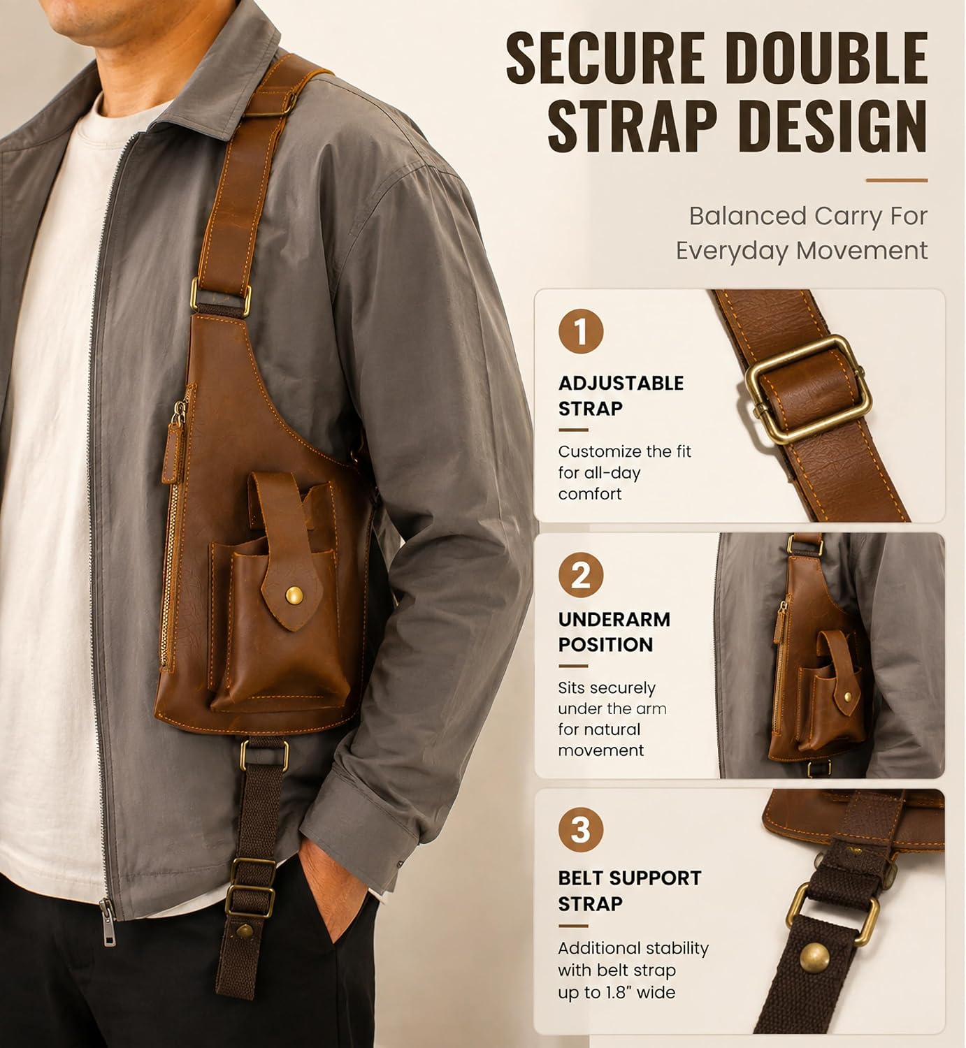 IBYADO Bolso de hombro con axila de cuero genuino para hombres y mu...