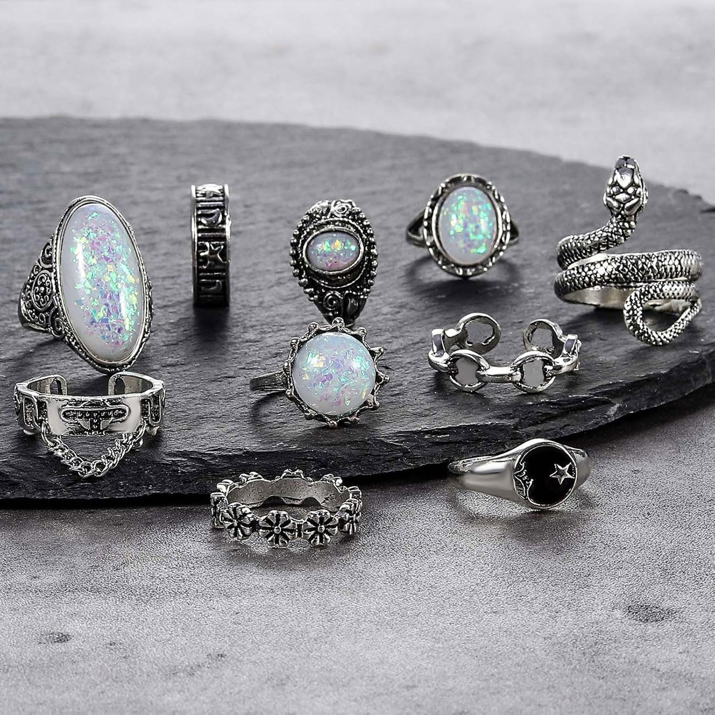 17IF Juego de anillos de nudillos plateados vintage para mujeres y...