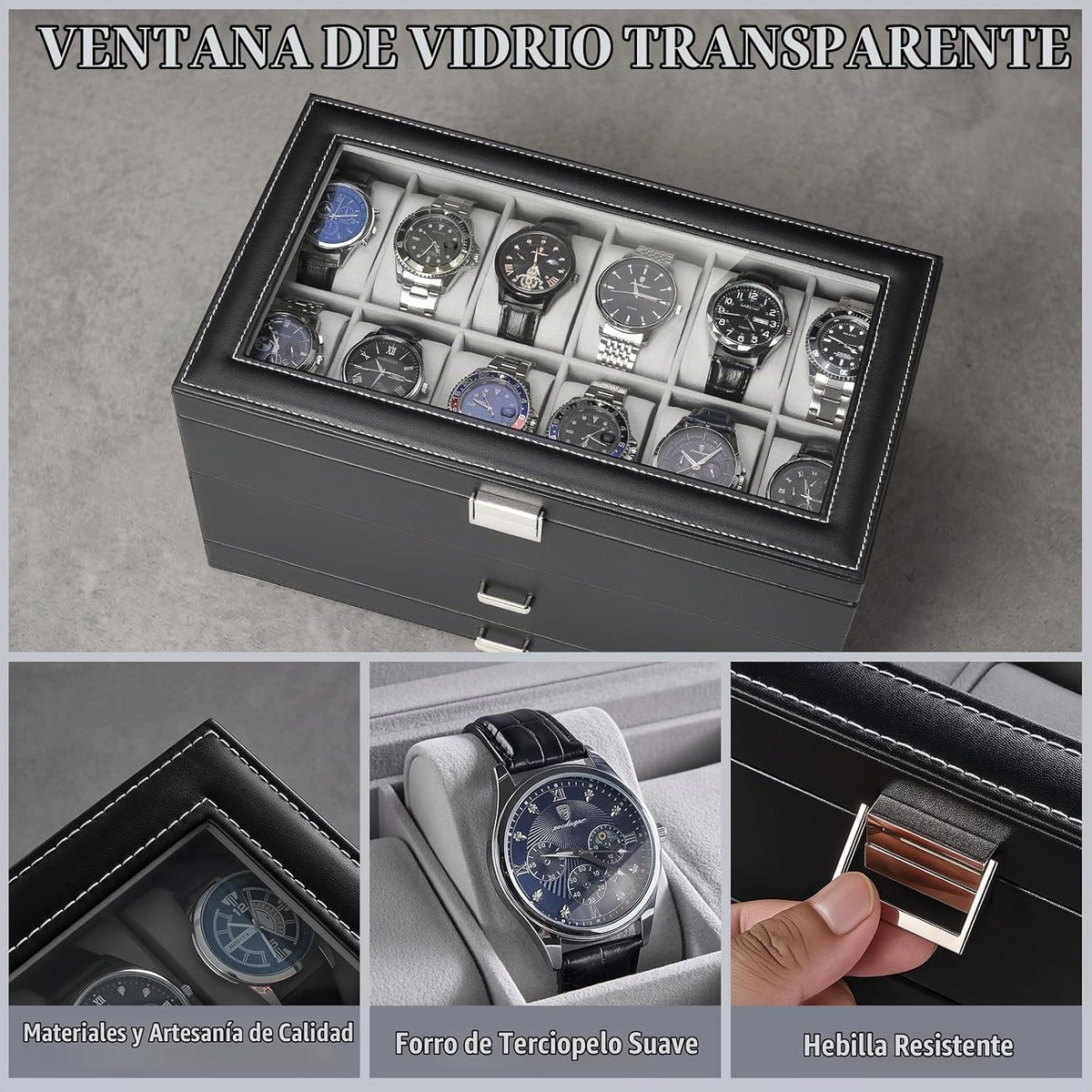 ProCase Caja de Reloj de 3 Capas con Tapa de Vidrio para Hombre, 24...