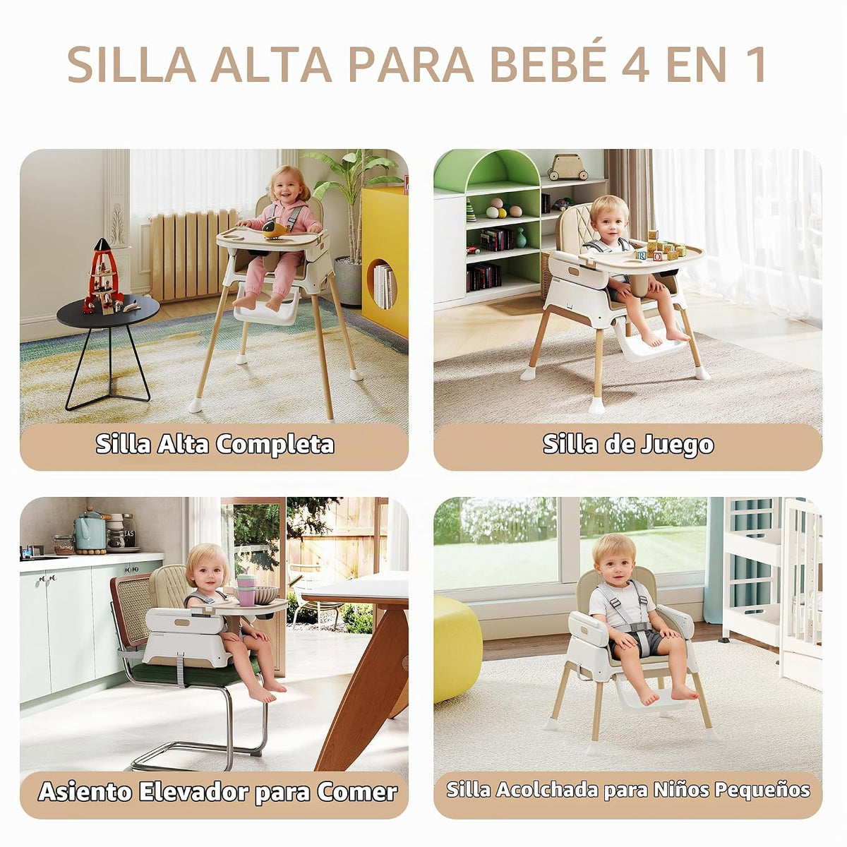 Silla alta 4 en 1 para bebés y niños pequeños, asiento elevador con...
