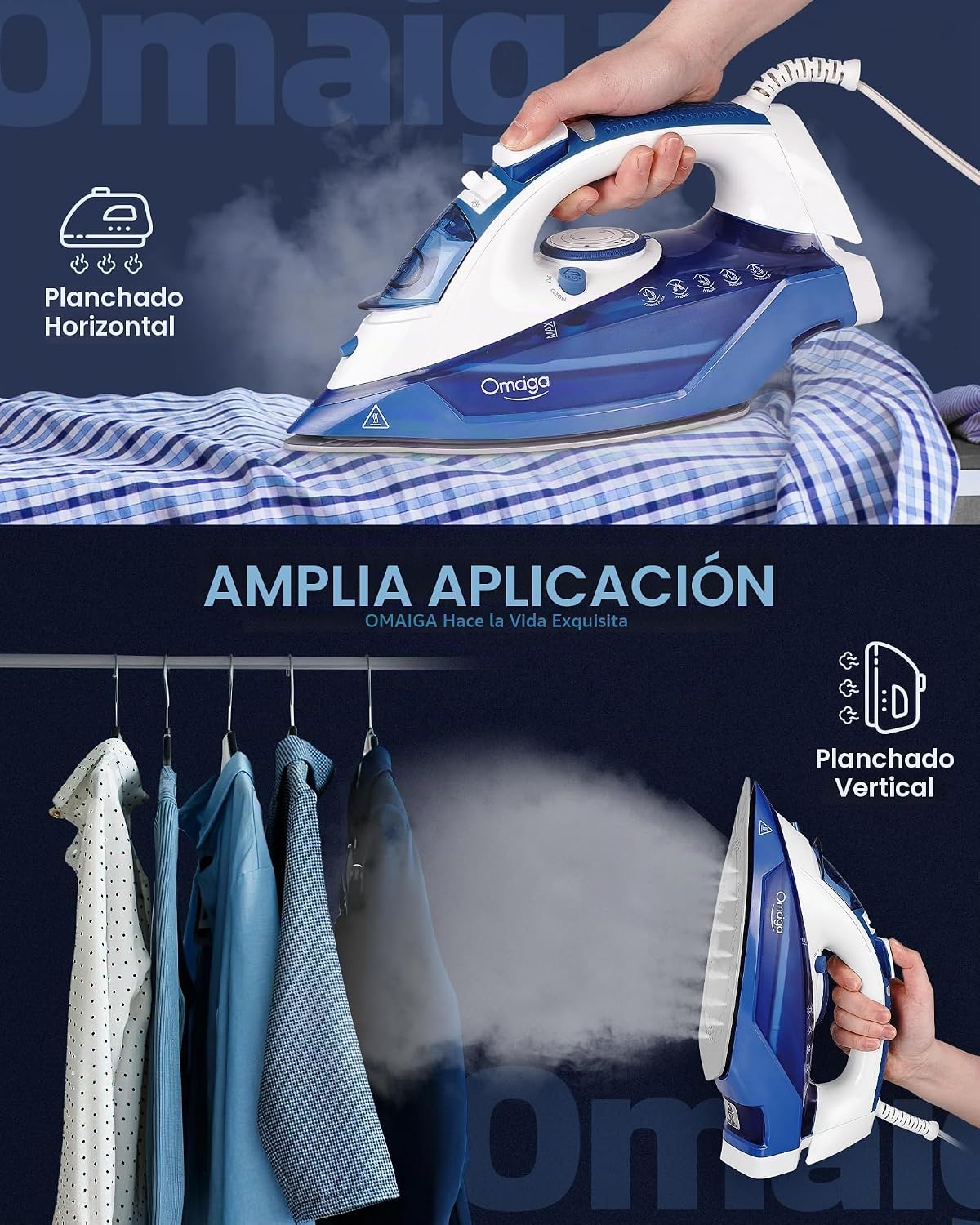 OMAIGA Plancha de vapor para ropa, 1500W, suela de cerámica antiadh...