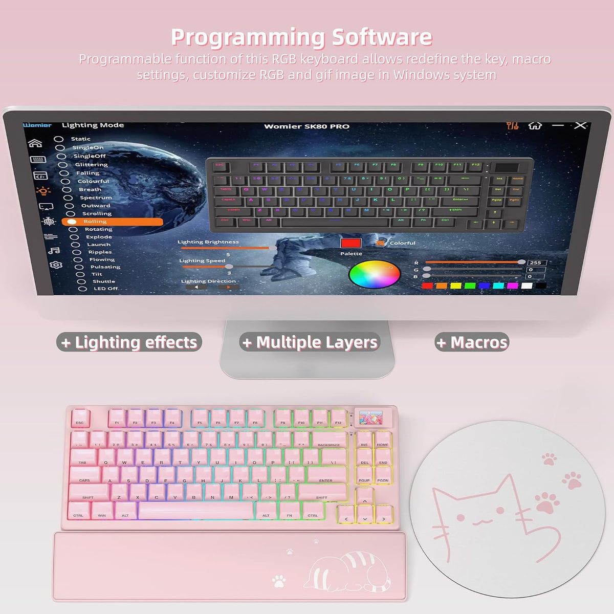 Womier Teclado Mecánico Inalámbrico Rosa Cremoso 75% con Pantalla M...
