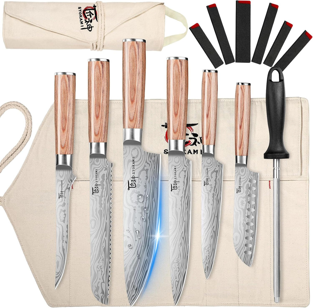 SYOKAMI Juego de cuchillos de chef de 14 piezas con bolsa enrollabl...