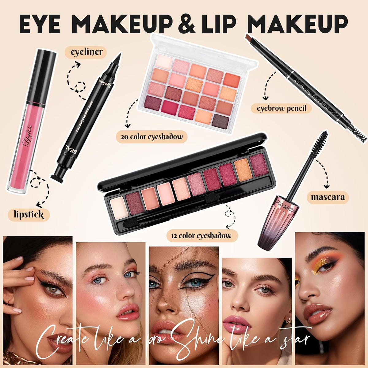 El kit de maquillaje para mujer incluye base, sombra de ojos, lápiz...