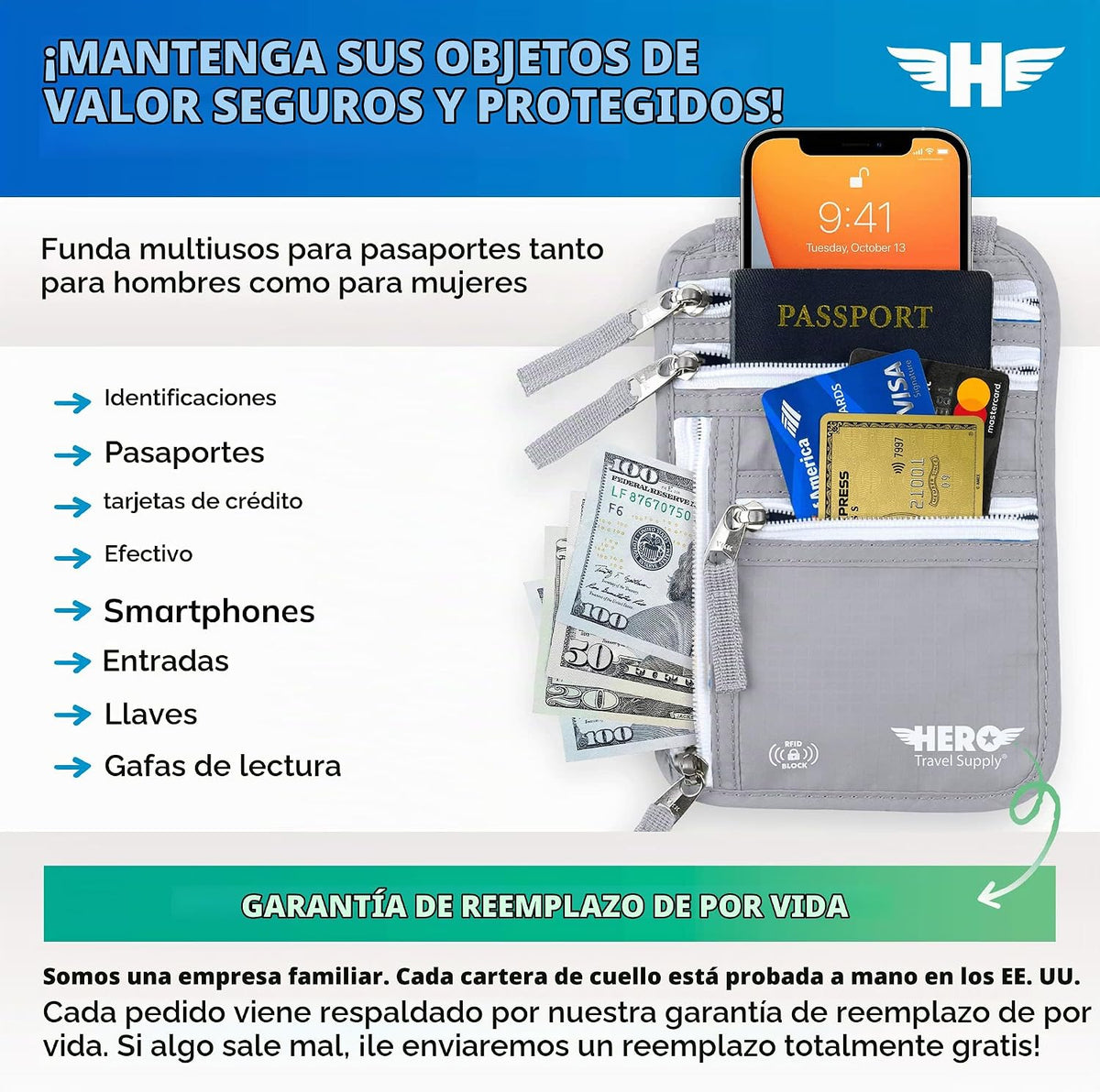 Cartera de Cuello HERO \u2013 Portapasaporte con Bloqueo RFID \u201...