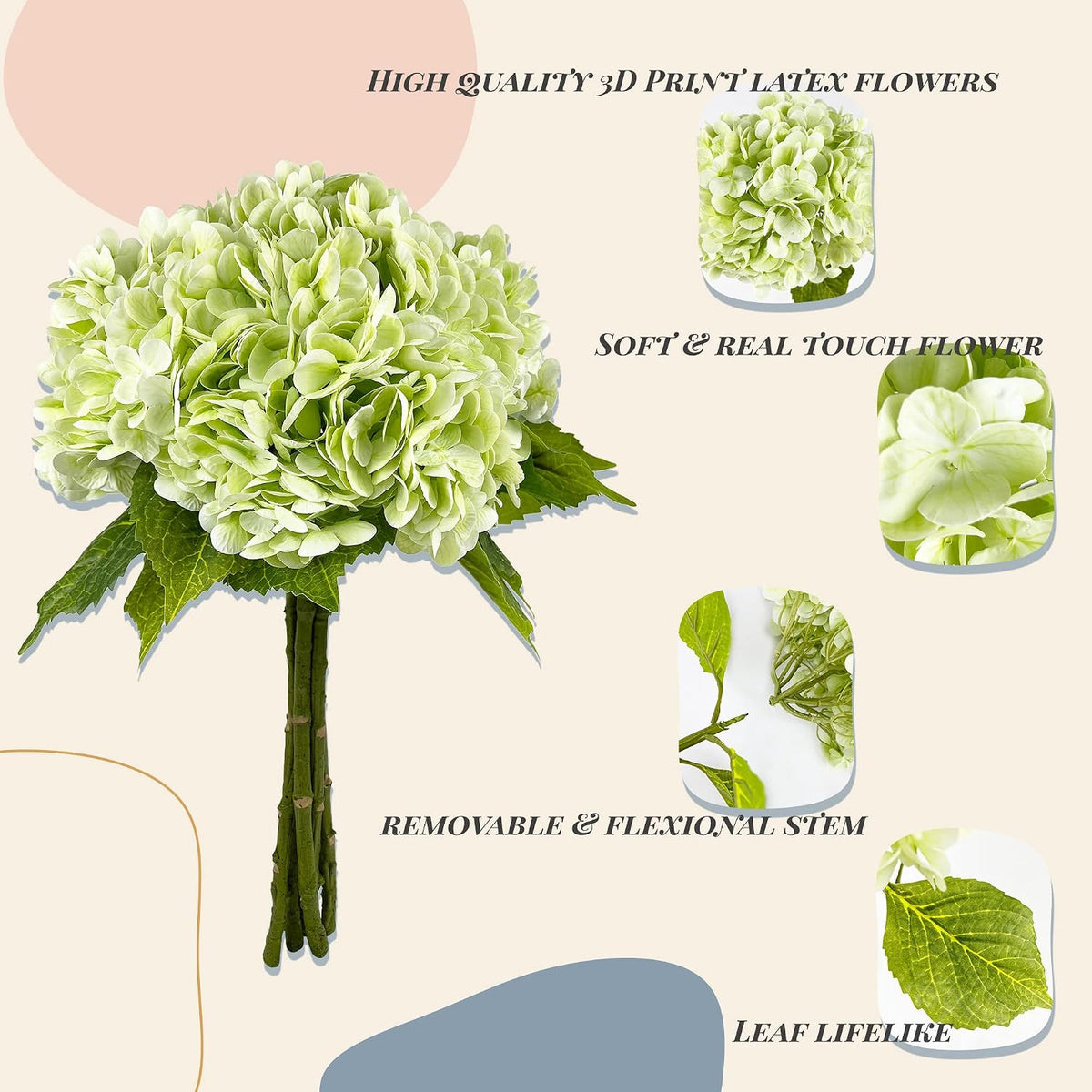 Flores de hortensias artificiales de color verde claro de 21 pulgad...