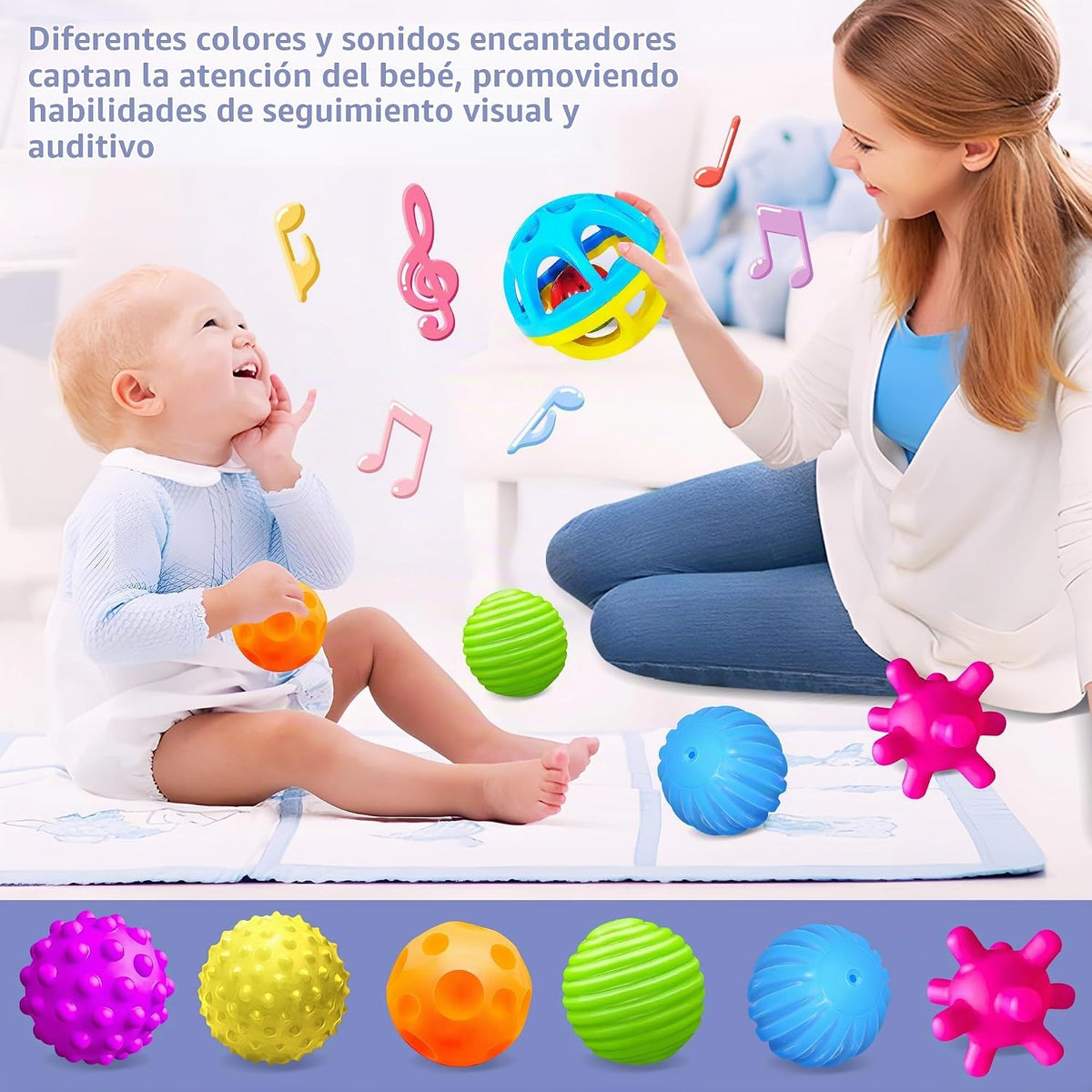 ROHSCE Pelotas sensoriales, juguetes Montessori con sonajero de beb...