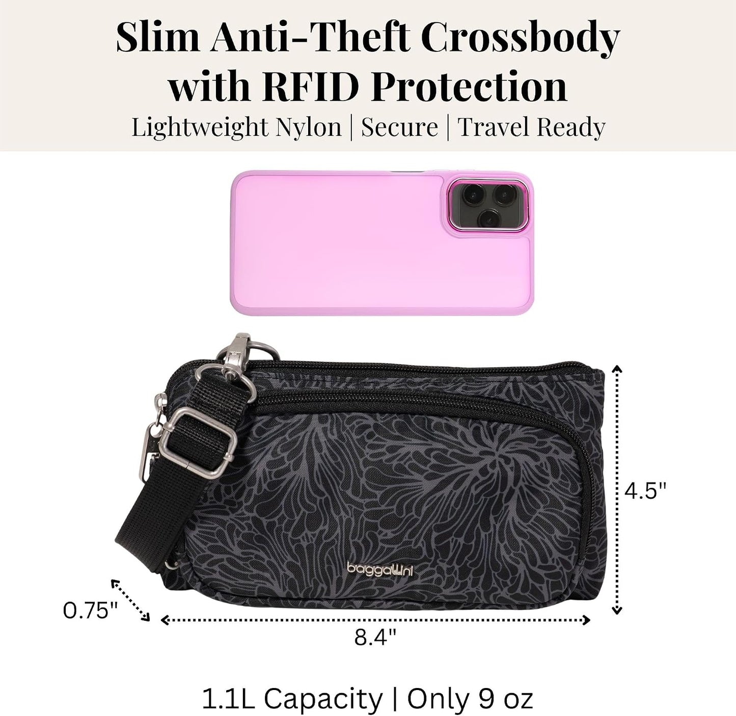 Securtex - Mini cartera cruzada antirrobo, ligera, 8.4 x 4.5 pulgad...