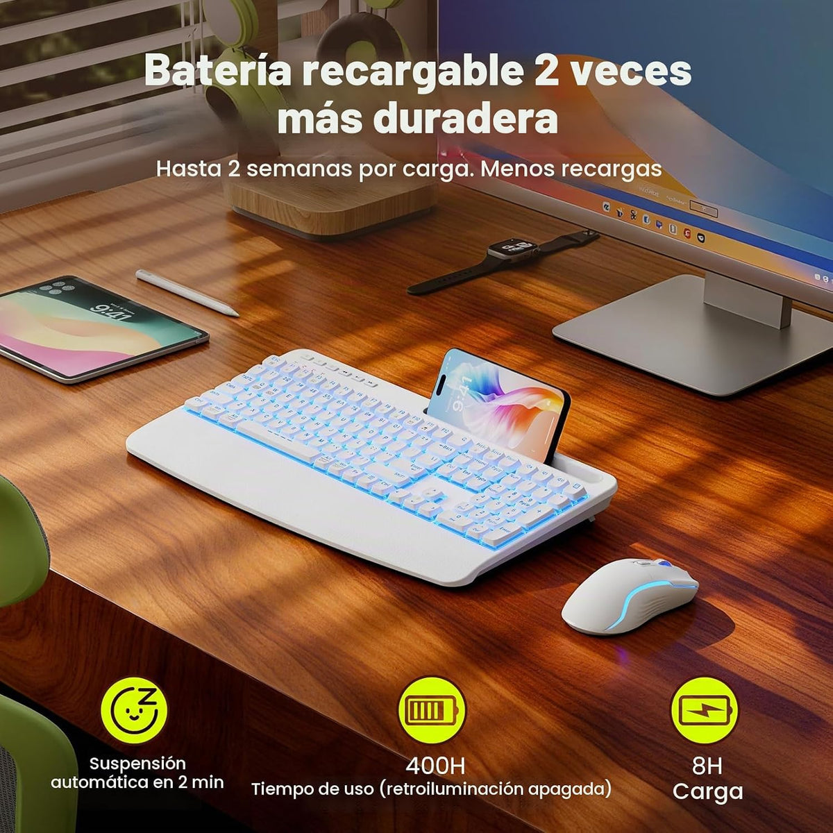 Combo inalámbrico de teclado y ratón blanco, conjunto de teclados y...