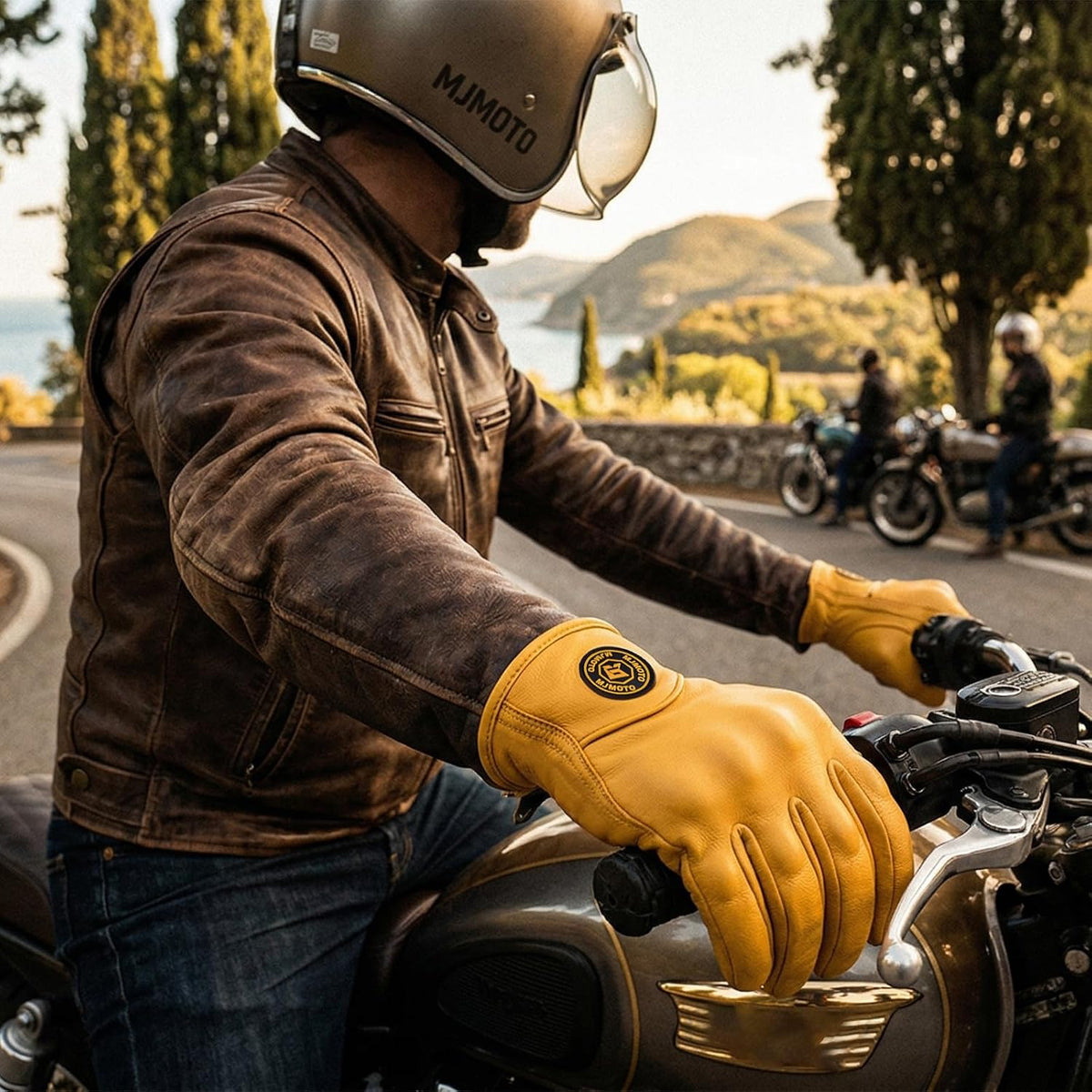 mjmoto Guantes clásicos de cuero de cabra para motocicleta, pantall...