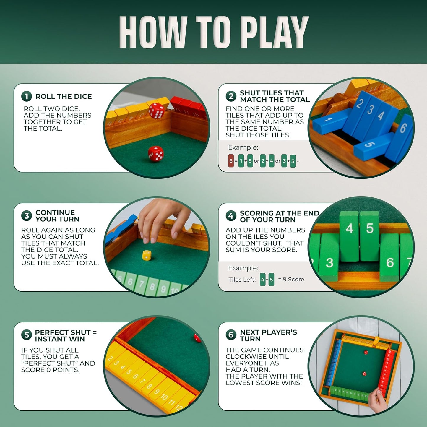 Shut The Box Game Tablero de madera para 4 jugadores, juego de 14 p...