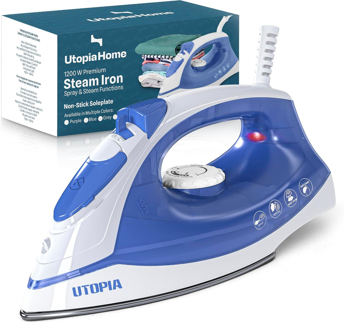 Utopia Home Plancha de vapor para ropa con suela antiadherente, pla...