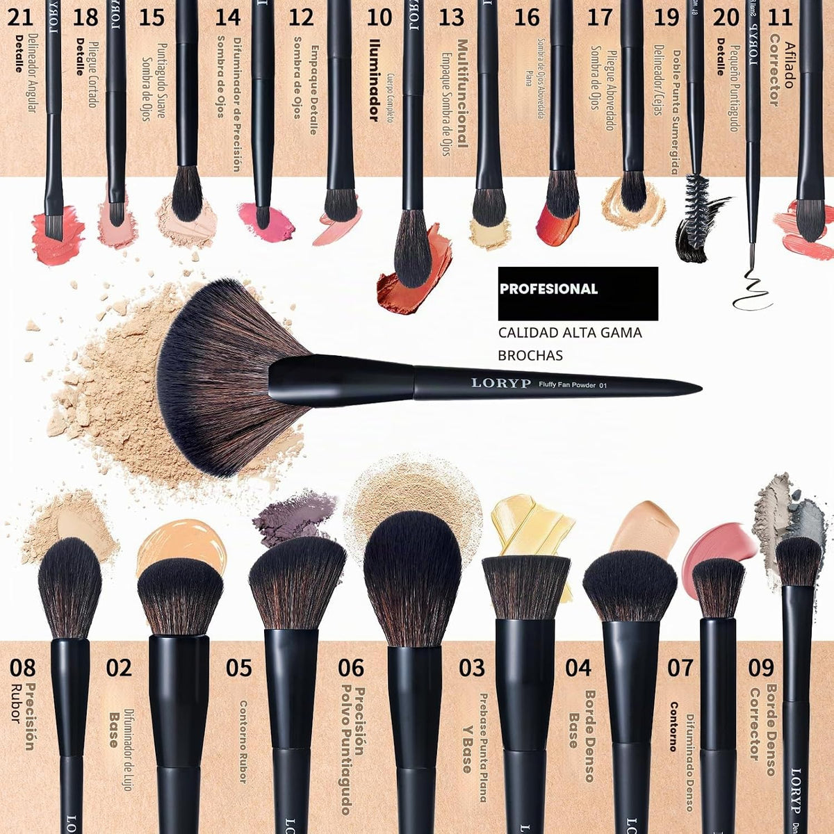 LORYP Juego de Brochas de Maquillaje Negras de 21 Piezas para Polvo...