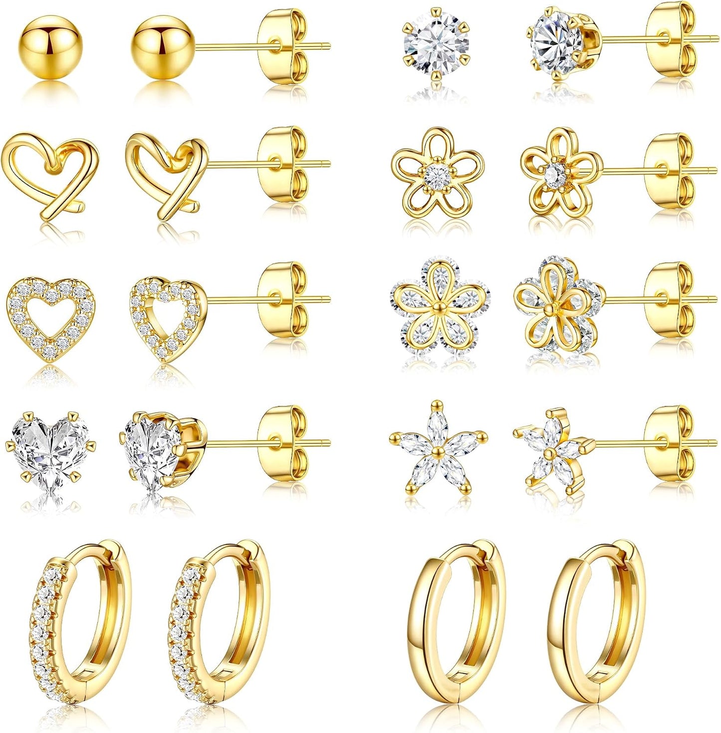 Juego de aretes pequeños de oro para mujer, chapados en oro de 14 q...