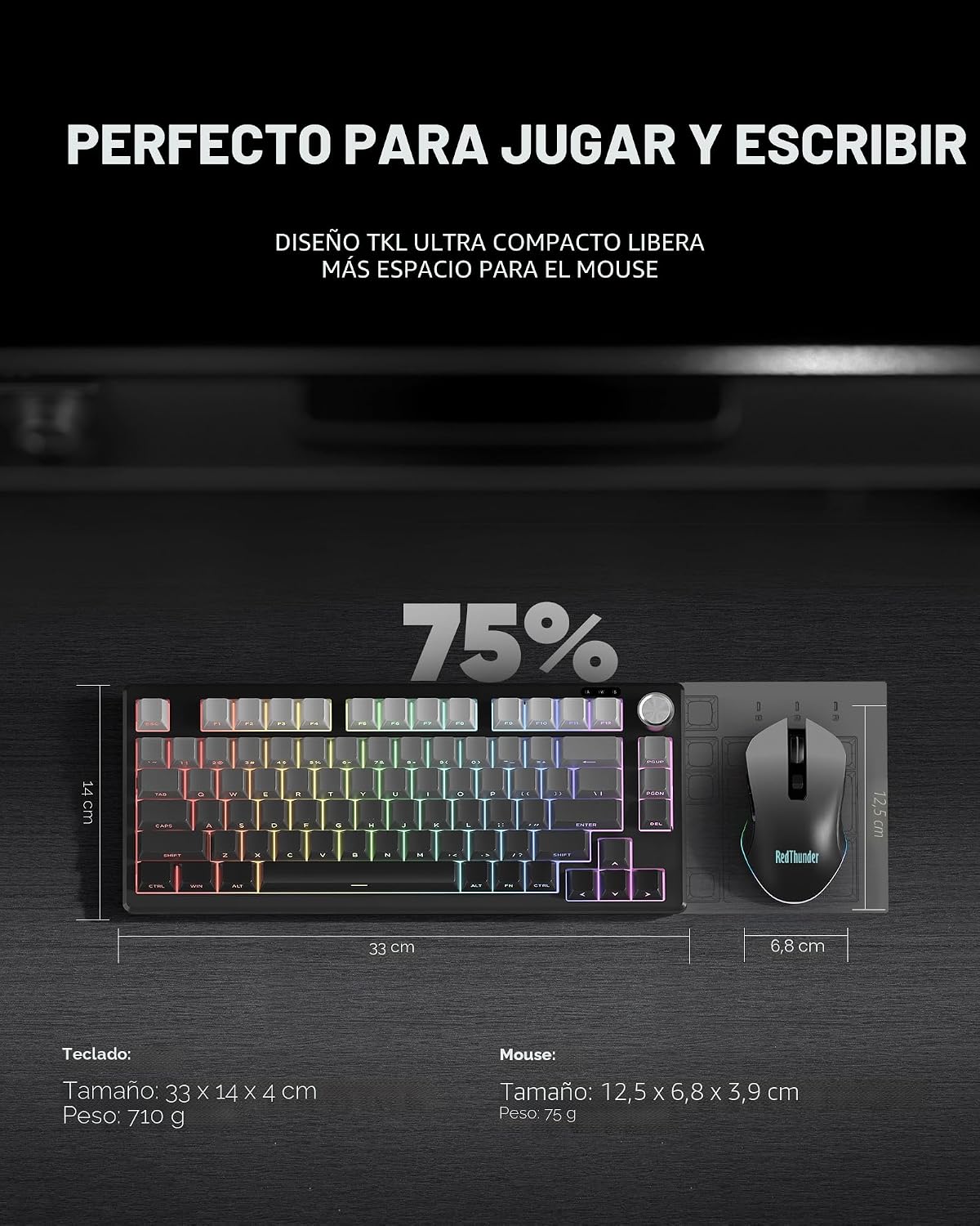 RedThunder K75 Combo de teclado y mouse de membrana inalámbrica, te...