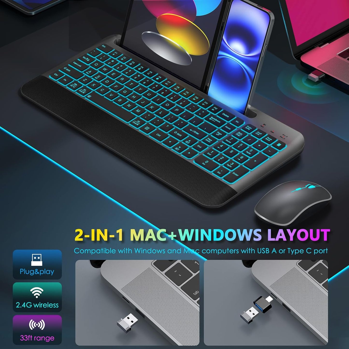 JOYACCESS Silent - Juego de mouse y teclado inalámbrico con retroil...