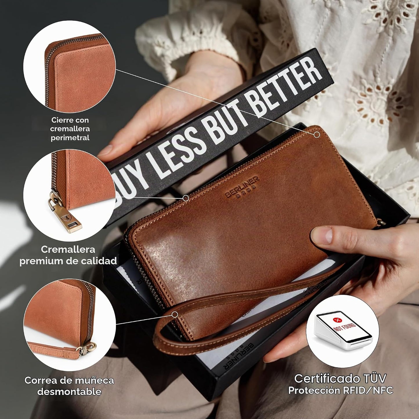 BERLINER BAGS Cartera Lyon de piel auténtica de alta calidad, con b...
