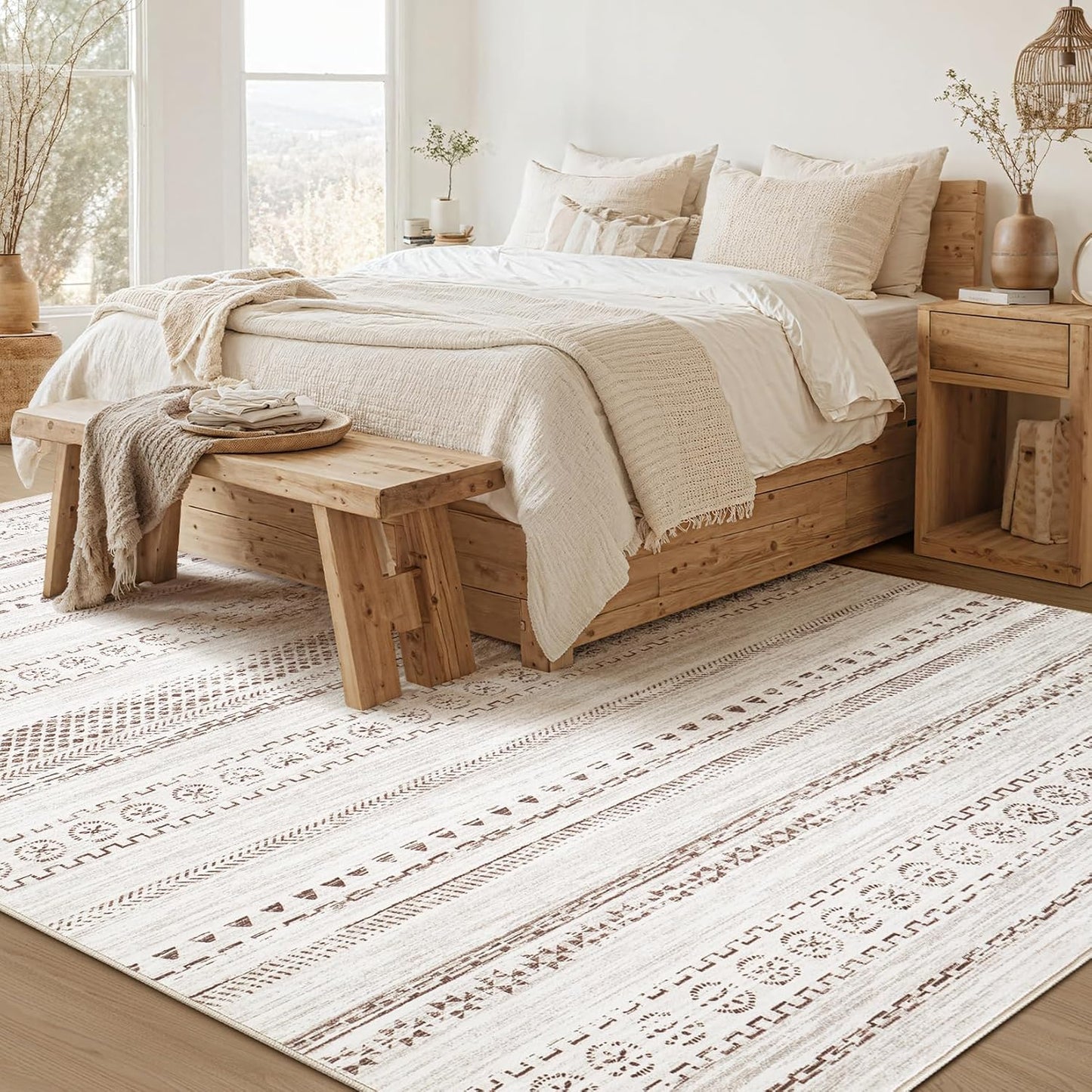 Alfombra de Área para Sala de Estar - 5X8 Lavable Boho Granja Bohem...