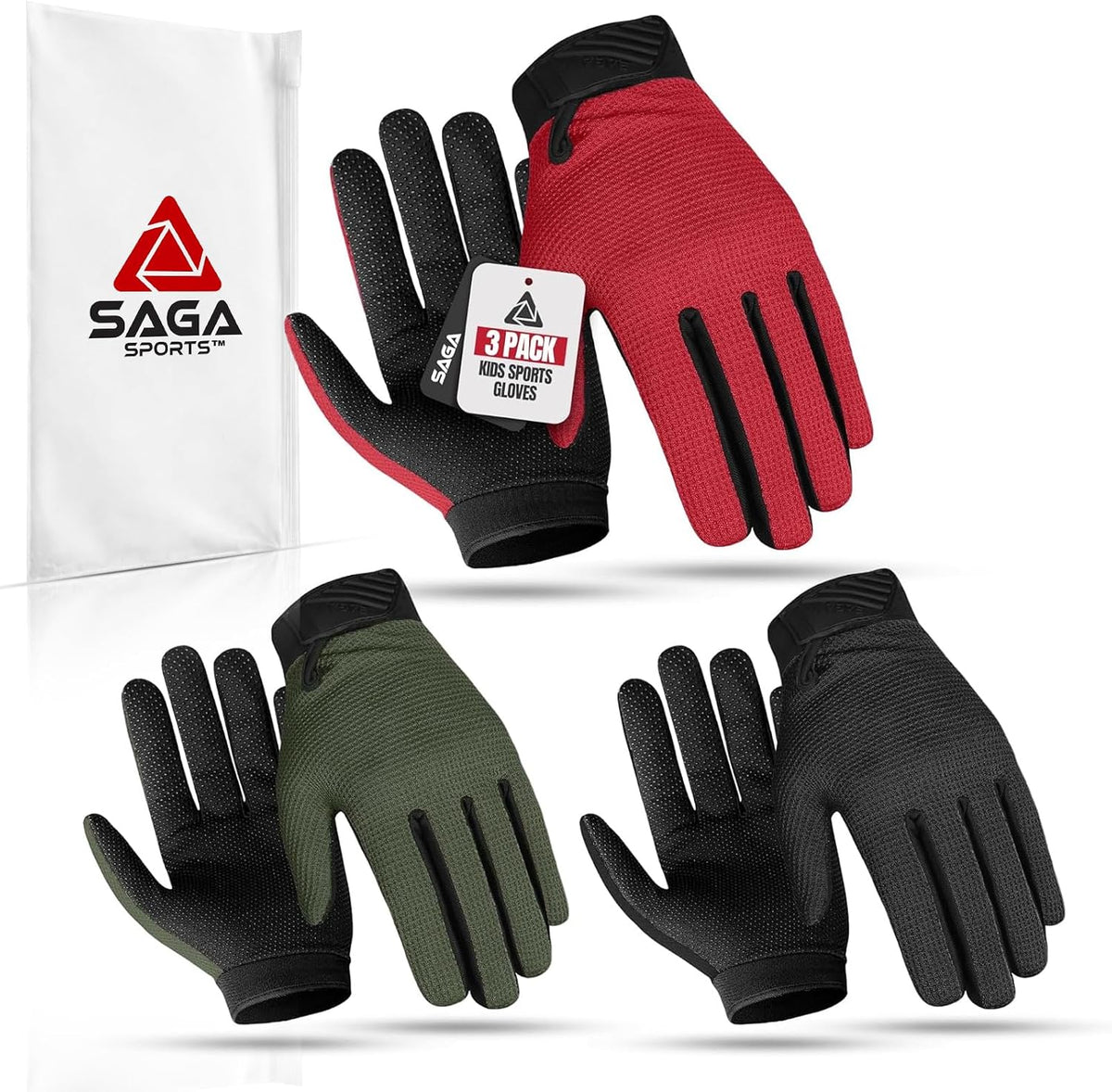 SAGA SPORTS Guantes de ciclismo para niños, paquete de 3, guantes d...